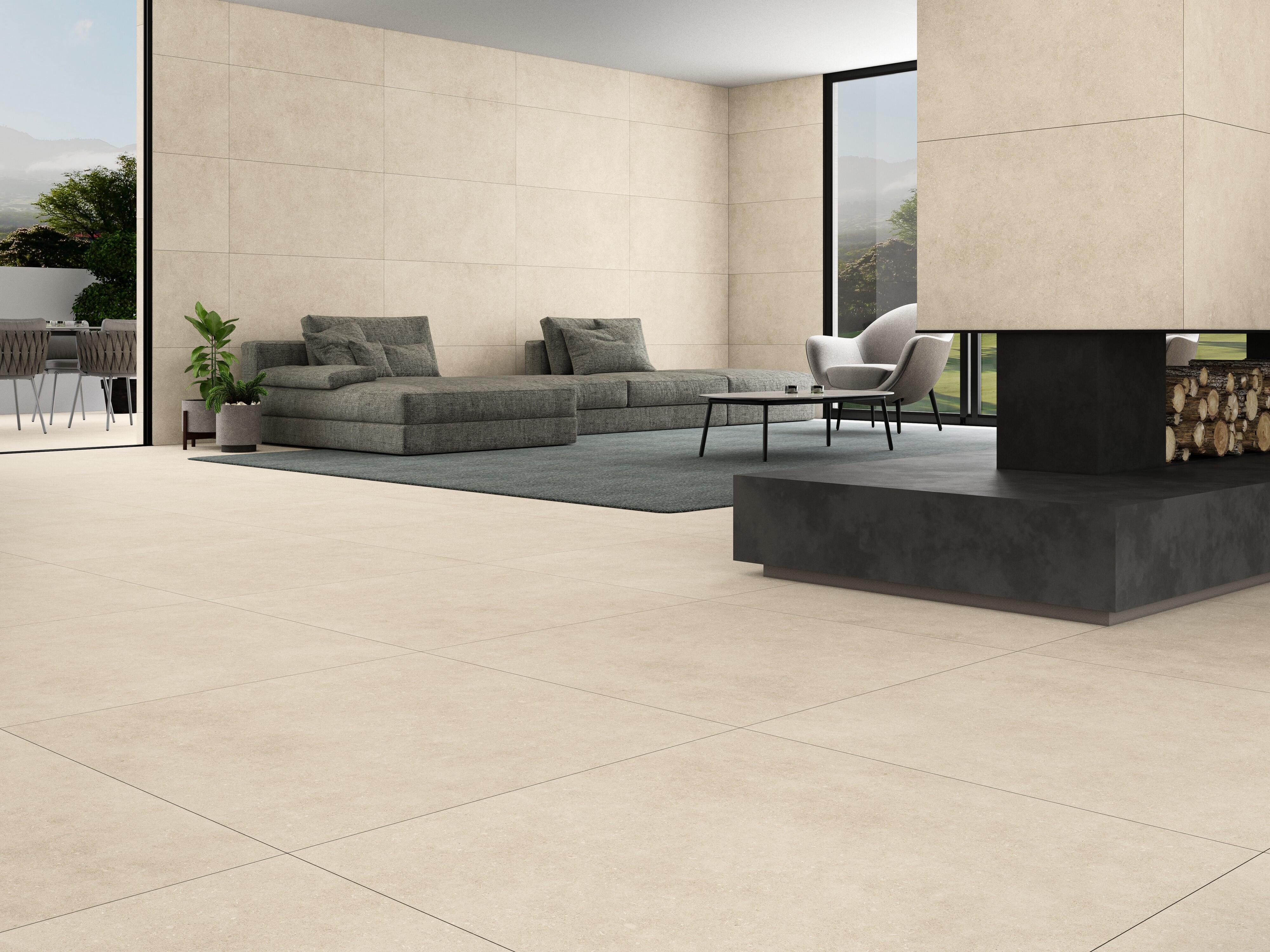 Suelo porcelánico Arenisca efecto cemento beige 60x120 cm C1 | Leroy Merlin