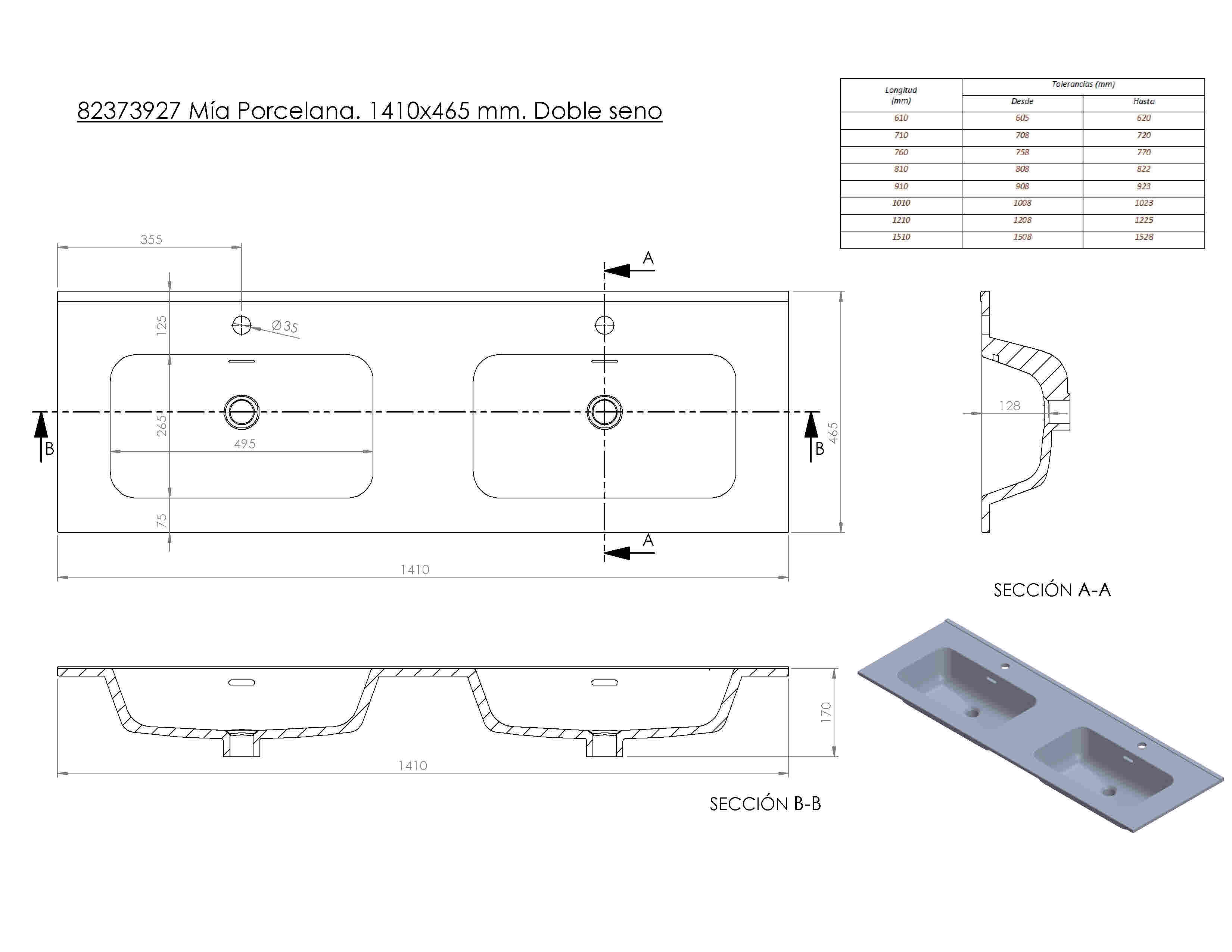 Lavabo encastrado Mia  141x18x46 cm - 3