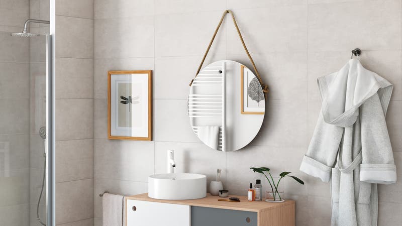 Baño con espejo redondo  Espejos para baños, Muebles de baño rusticos, Espejos  redondos