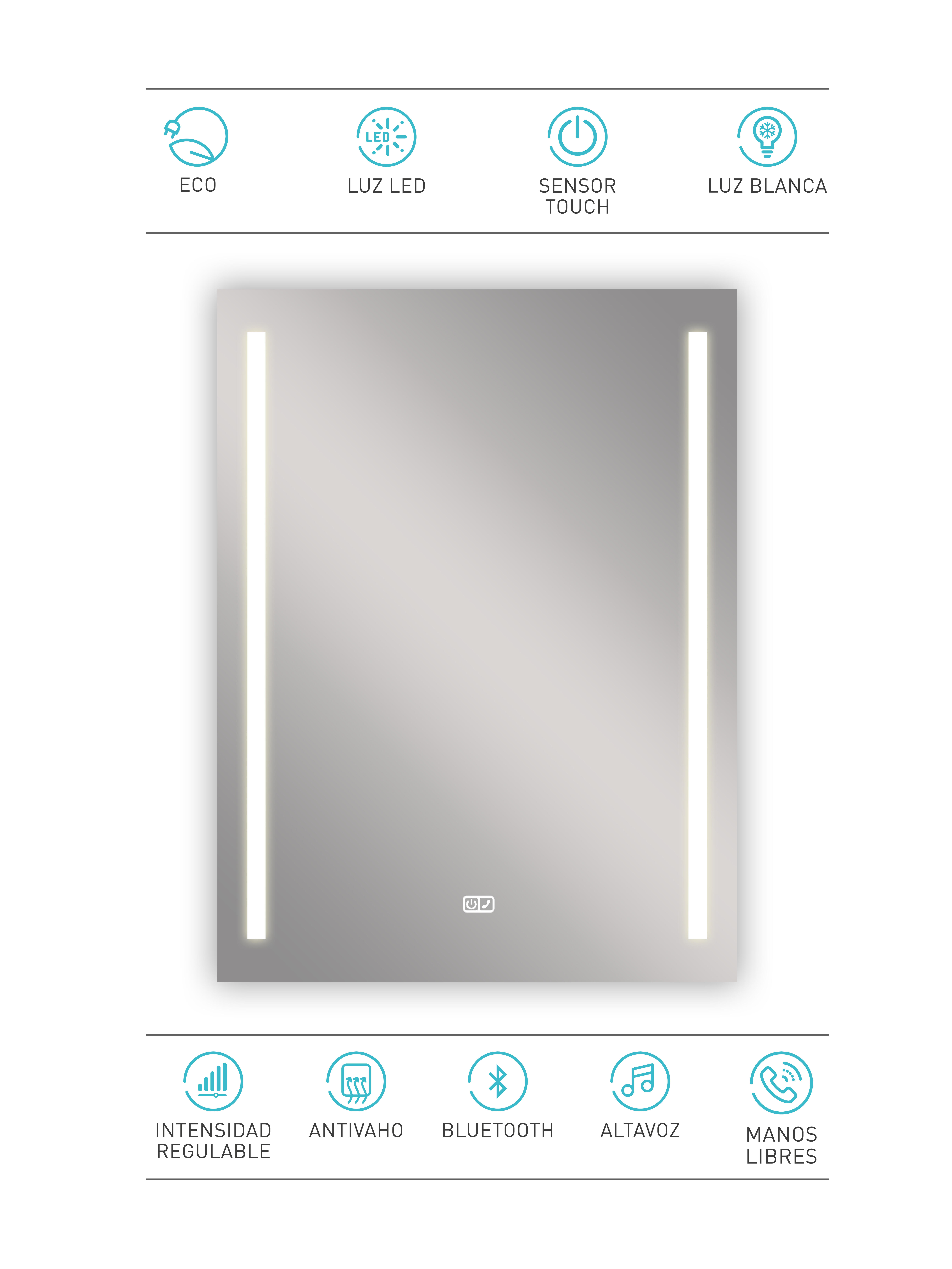 Espejo de baño con luz LED  Phone Call  con antivaho, táctil, altavoz, , bluetooth,  60x80cm - 12