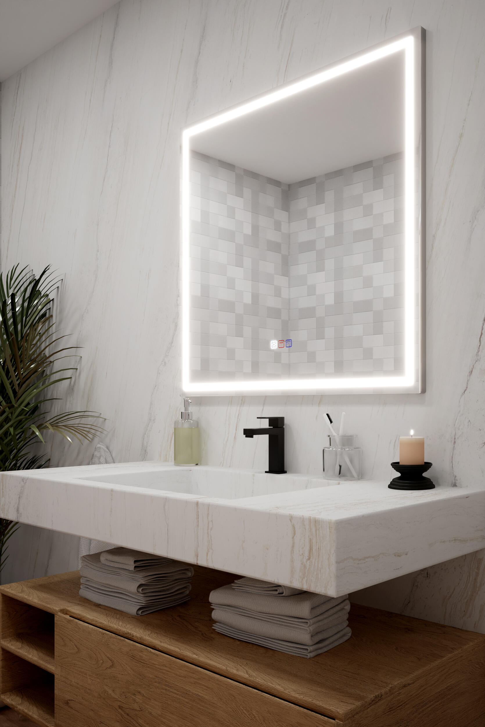 Espejo de baño con luz led slim negro con antivaho, táctil, altavoz, , bluetooth, 80x80cm
