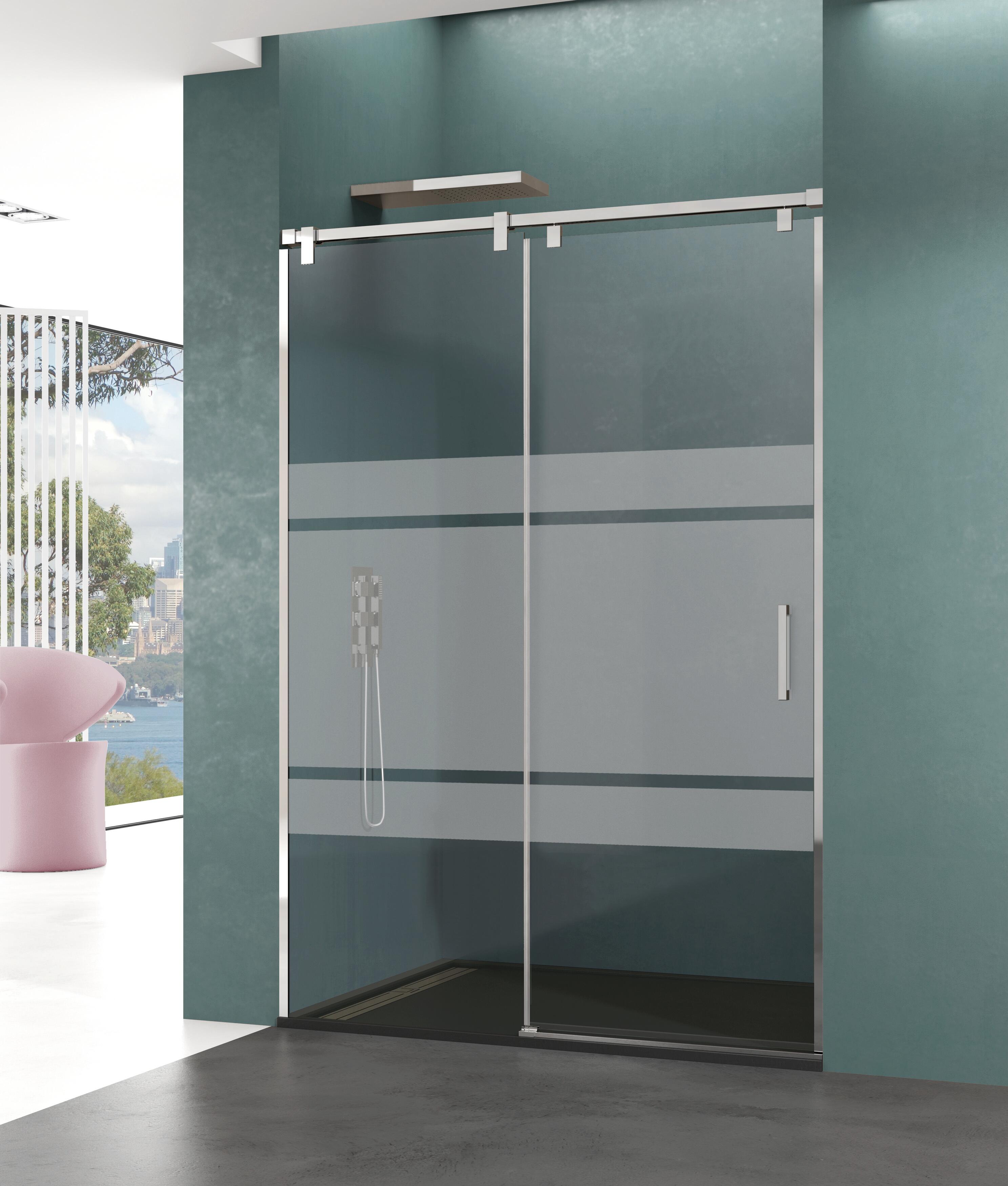 Mampara de ducha frontal 1 fijo + 1 puerta corredera serigrafiada steel perfil acero inoxidable cromo (155-160)x195 cm cristal 6mm cierre magnético sin guía inferior marca gme