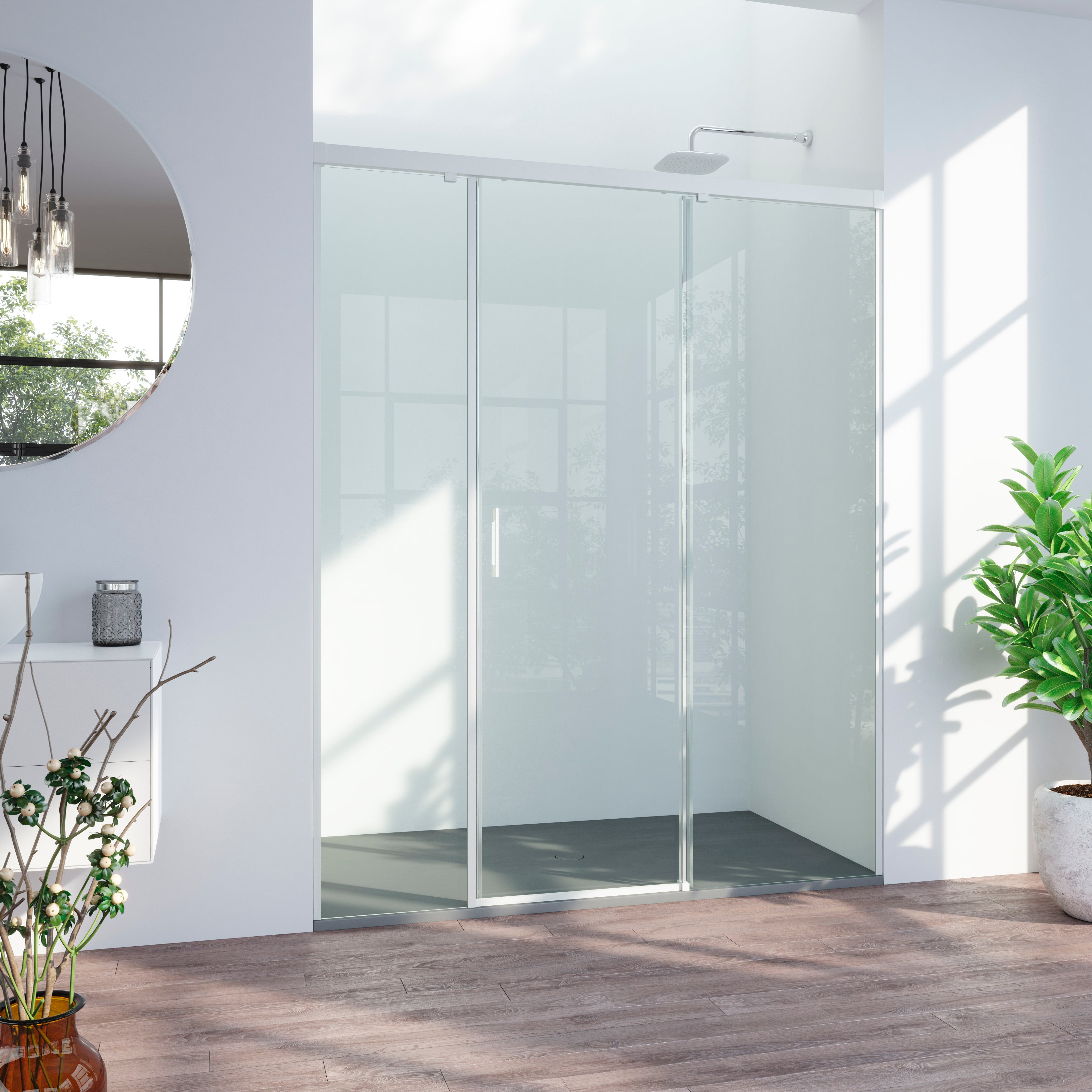 Mampara de ducha frontal 2 fijos + 1 puerta corredera transparente tala perfil aluminio blanco (181-190)x200 cm cristal 6mm cierre magnético sin guía inferior marca glassinox