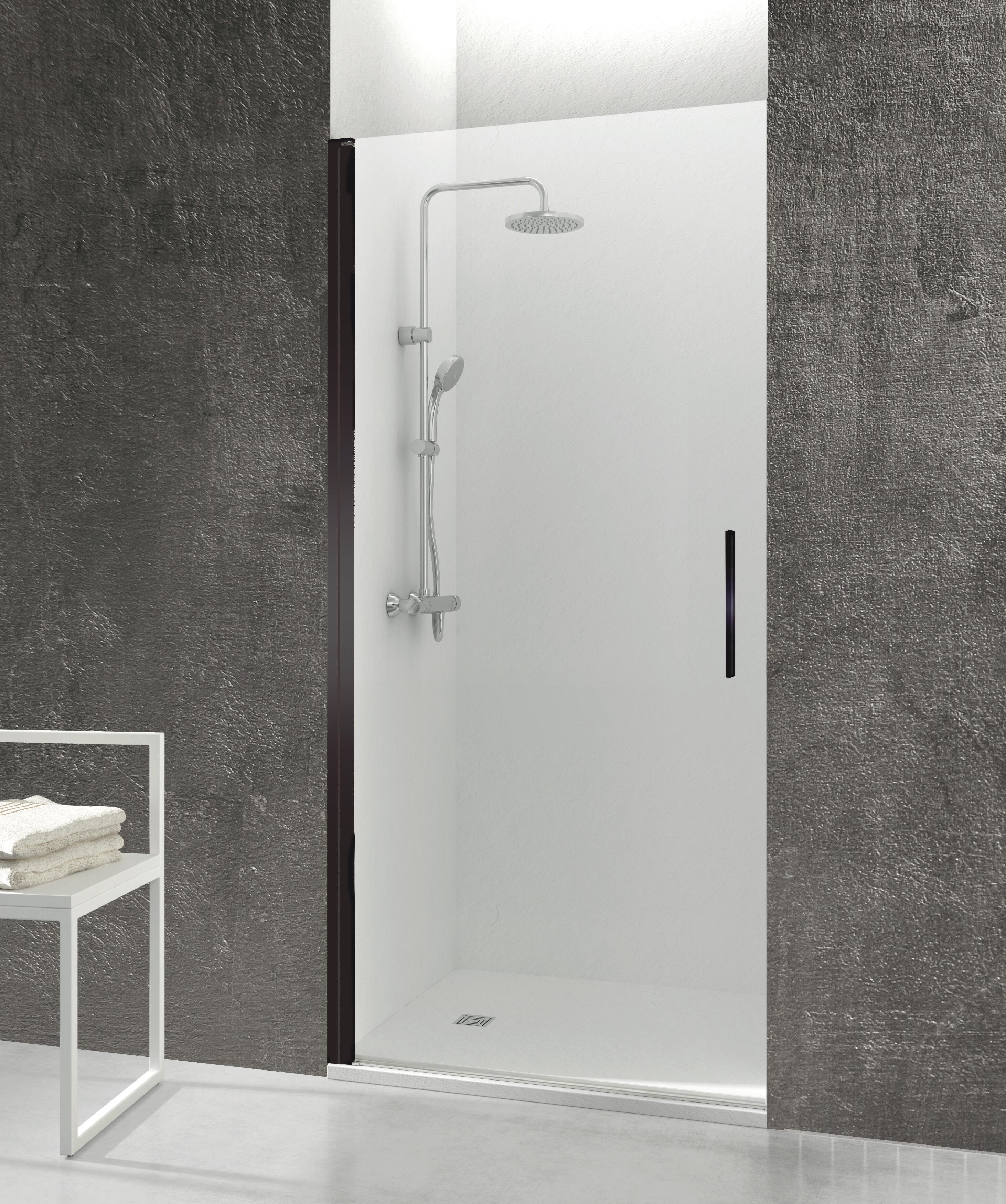 Mampara de ducha frontal 1 fijo + 1 puerta batiente transparente abat a perfil aluminio negro (51.1-52.6)x195 cm cristal 6mm cierre magnético sin guía inferior marca gme