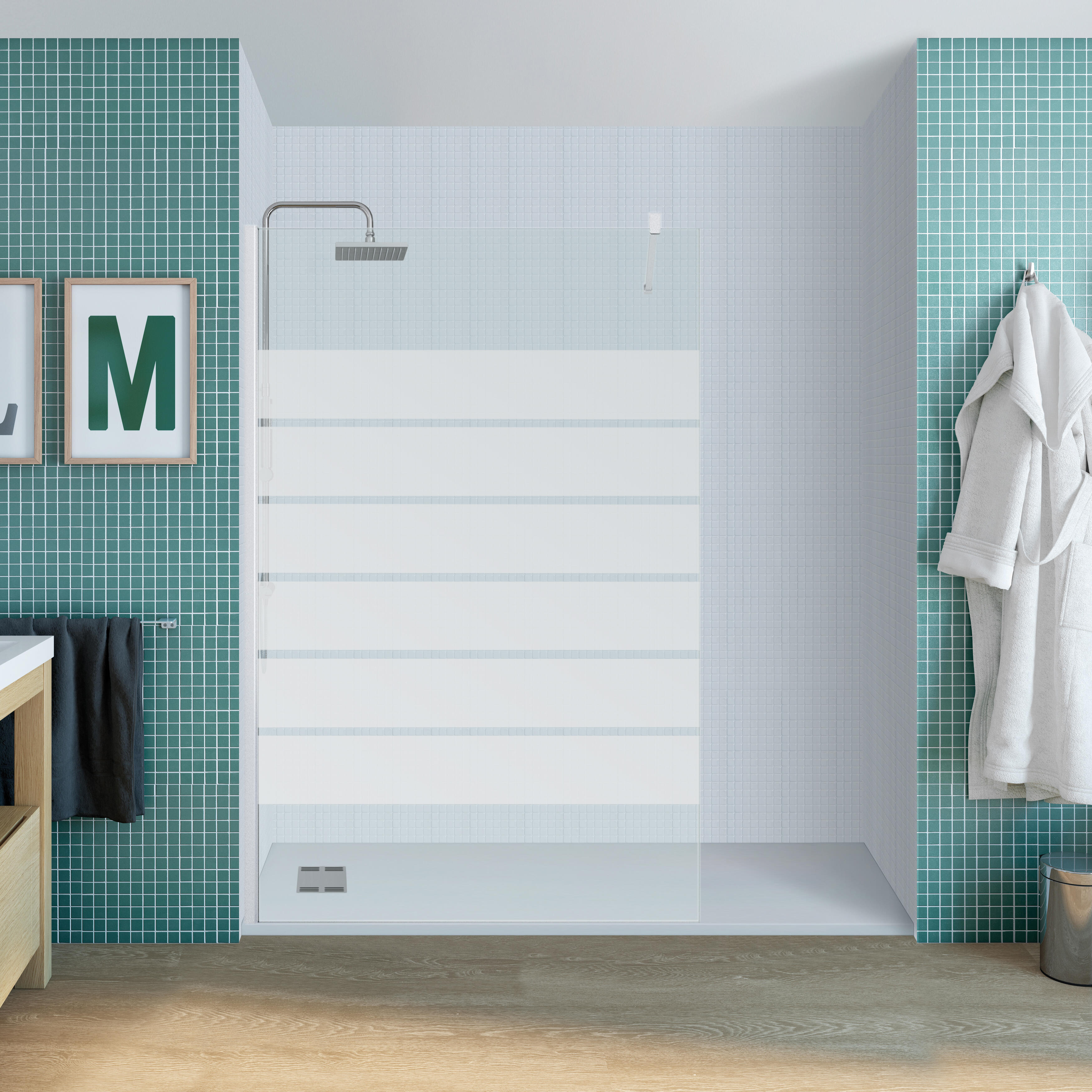 Mampara de ducha fija serigrafiada cool perfil aluminio cromo 120x200 cm cristal 8mm reversible antical 1 barra de estabilización 100 cm (recortable) marca vanguard