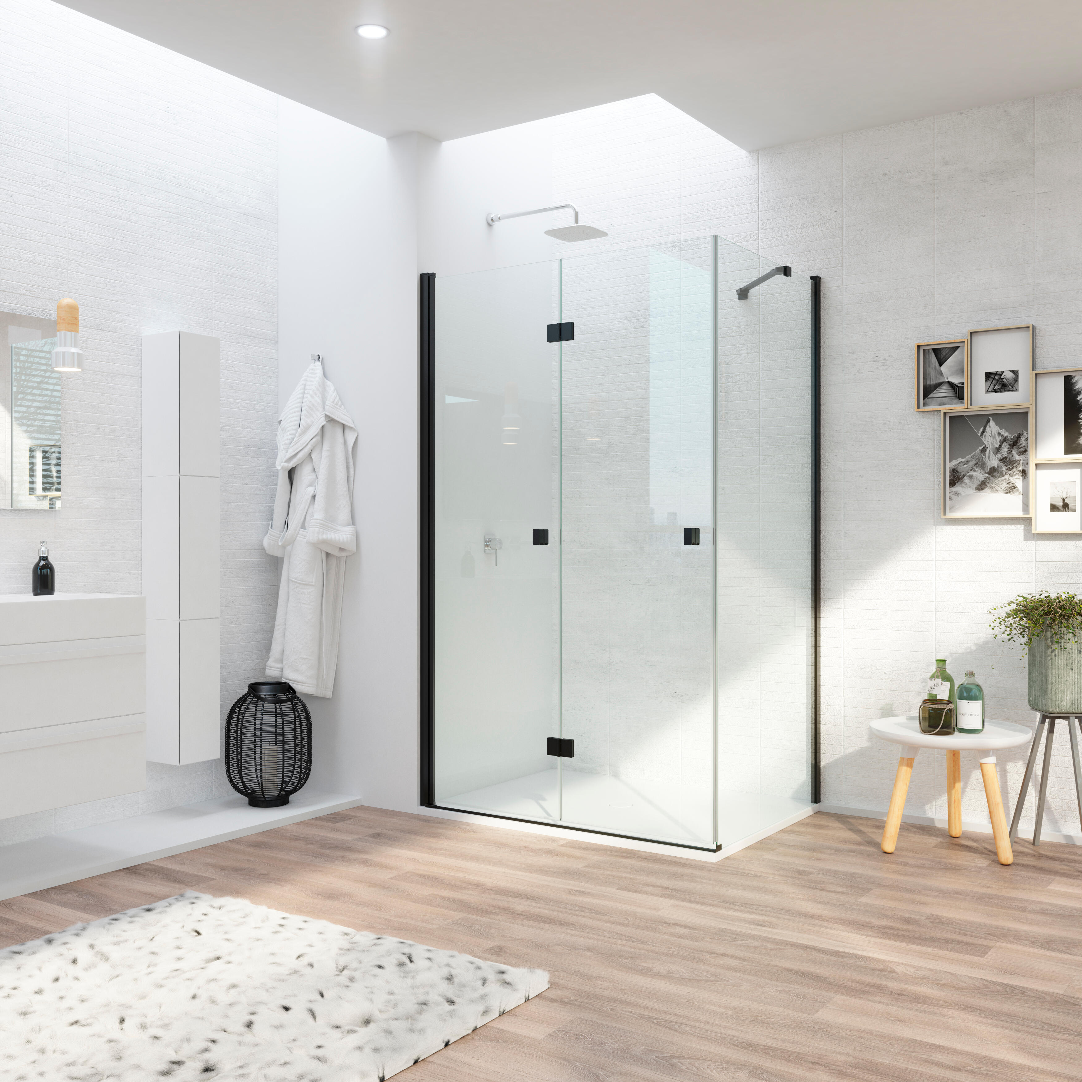Mampara de ducha frontal con panel fijo lateral plegable transparente open perfil negro (77-79)+80 x195 cm
