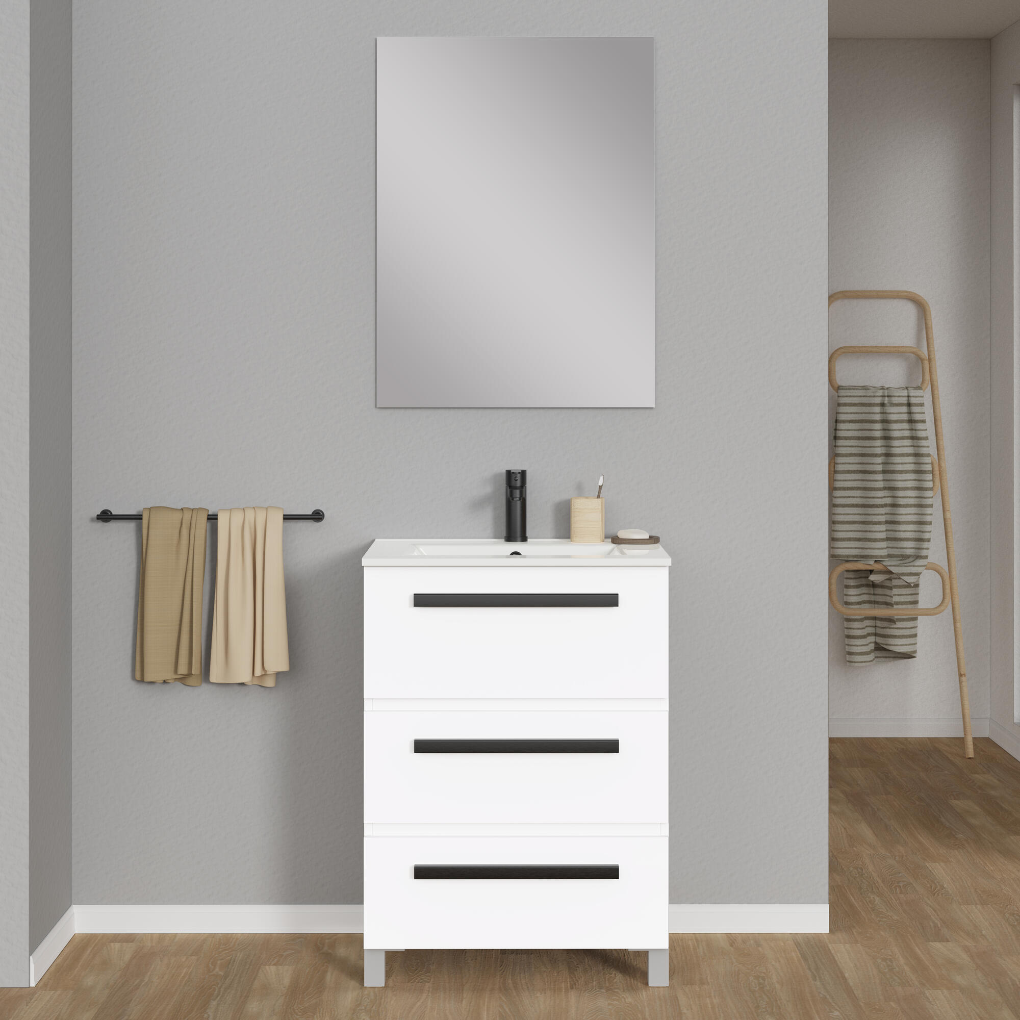 Mueble de baño con lavabo y espejo javi blanco satinado 60x40 cm