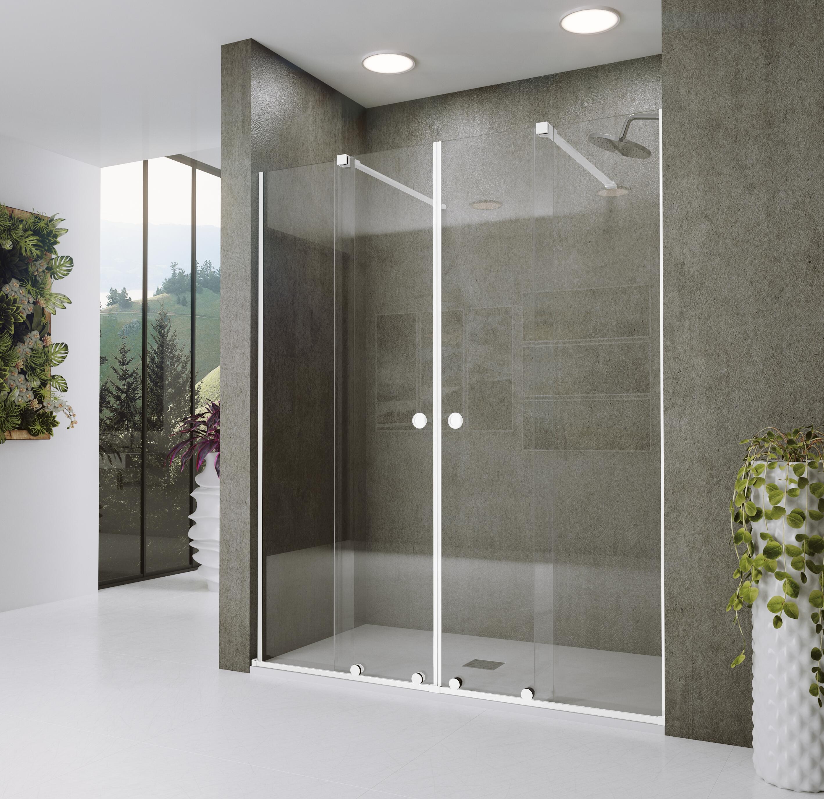 Mampara de ducha frontal 2 fijos + 2 puertas corredera transparente amea perfil acero inoxidable blanco (171-180)x200 cm cristal 8mm cierre magnético con guía inferior marca glassinox