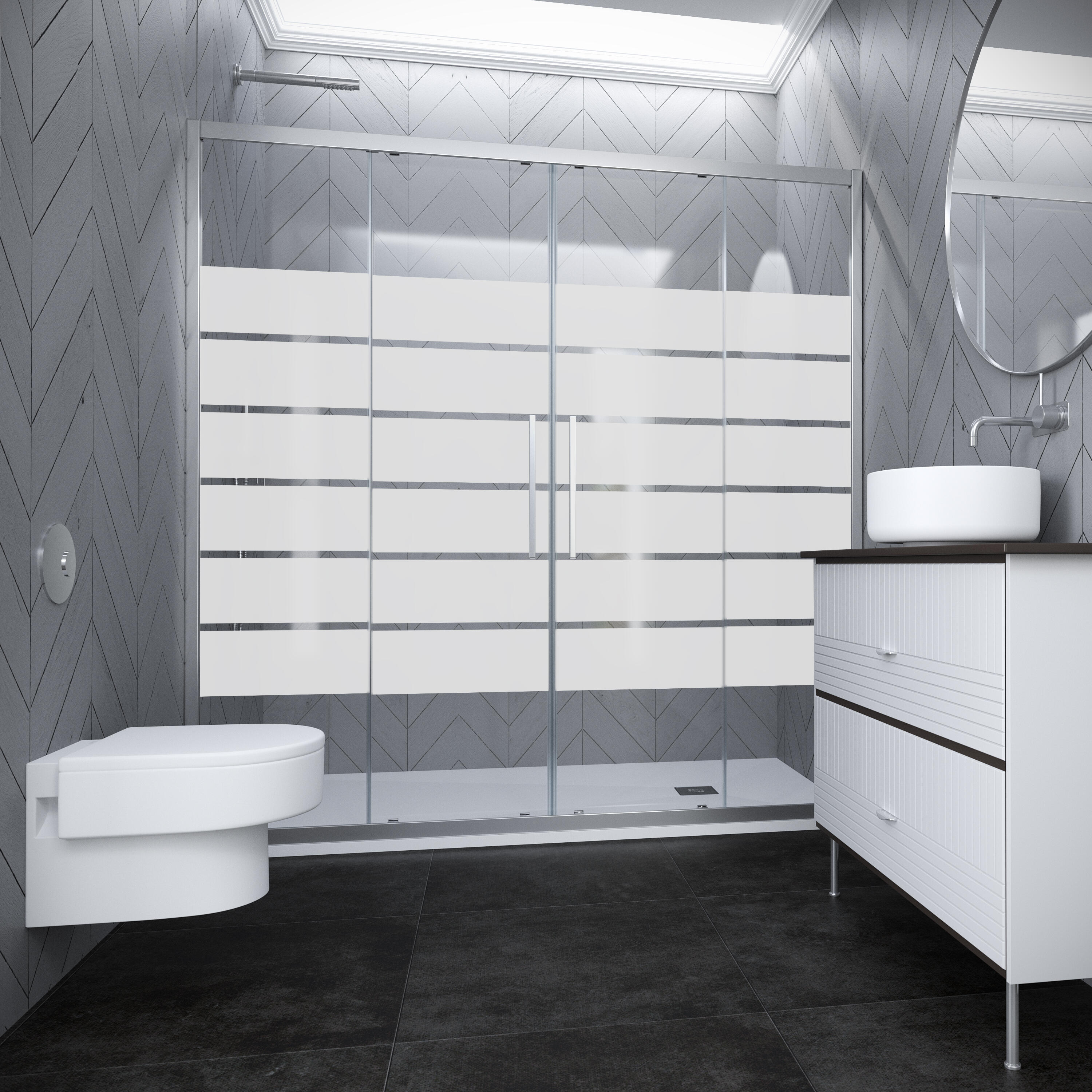 Mampara de ducha frontal 2 fijos + 2 puertas corredera serigrafiada cool life perfil aluminio cromo (136-140)x200 cm cristal 6mm cierre magnético con guía inferior marca vanguard