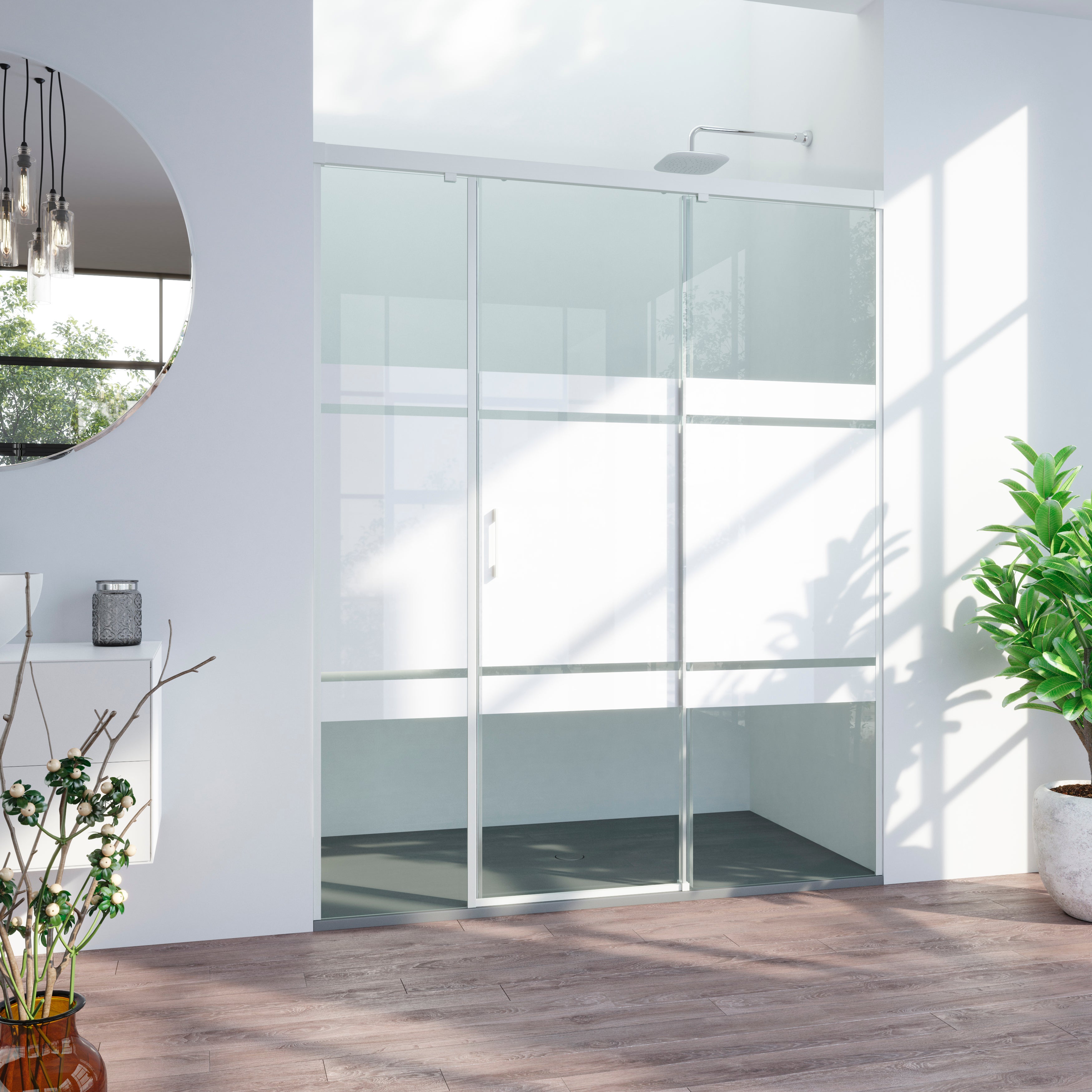 Mampara de ducha frontal 1 fijo + 2 puertas corredera serigrafiada tala perfil aluminio blanco (171-180)x200 cm cristal 6mm cierre magnético sin guía inferior marca glassinox