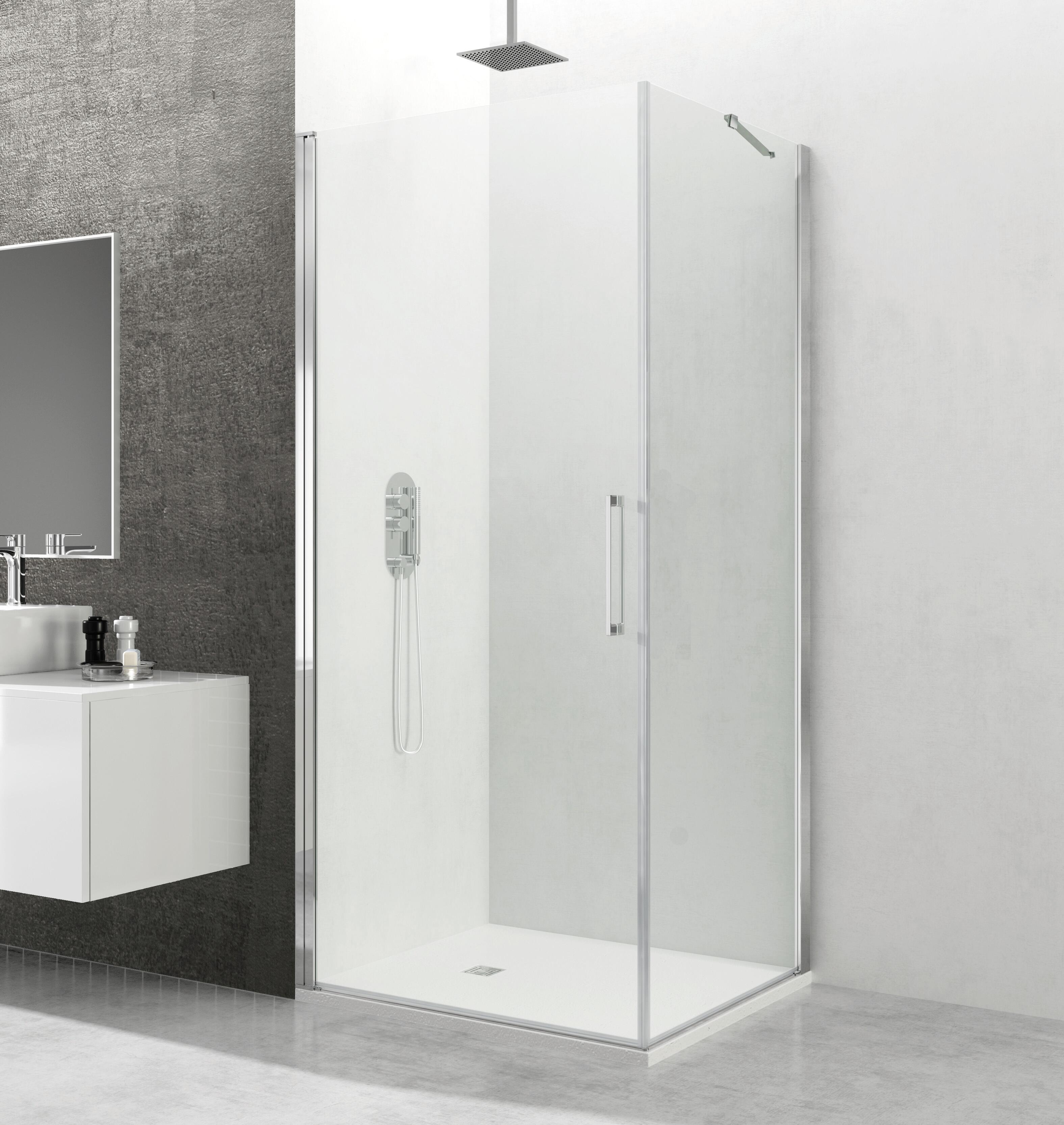 Mampara de ducha frontal con panel fijo lateral batiente transparente abat a perfil cromo (70.6-72)+90 x195 cm