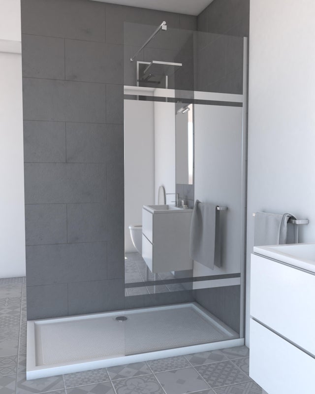 Mampara de ducha fija Parma perfil aluminio cromo (80)x200 cm cristal templado 8mm serigrafiado antical reversible. Barra fijación muro o techo recortable incluida Aurlane