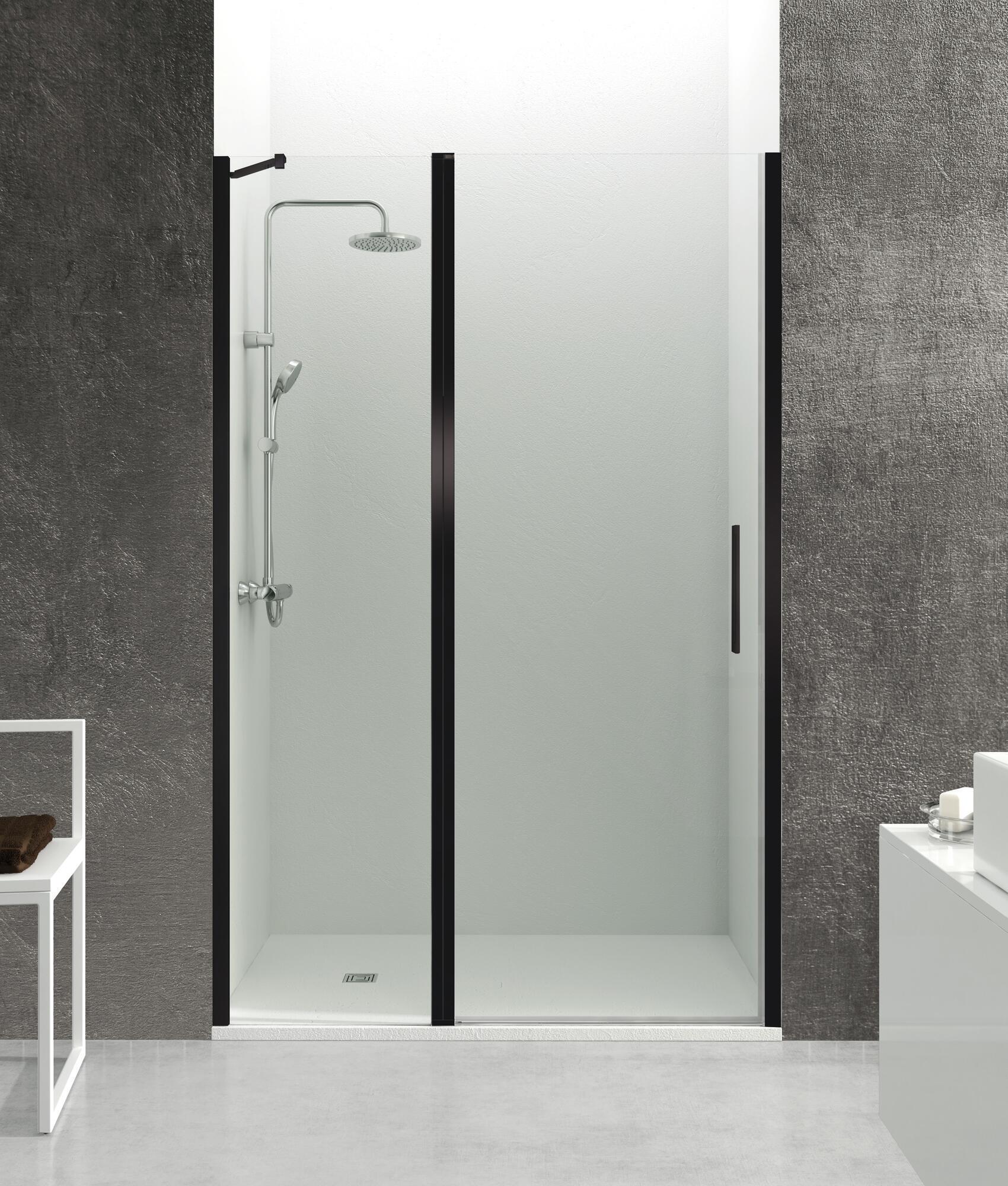 Mampara de ducha frontal 1 fijo + 1 puerta batiente transparente abat d perfil aluminio negro (110-115)x195 cm cristal 6mm cierre magnético sin guía inferior marca gme