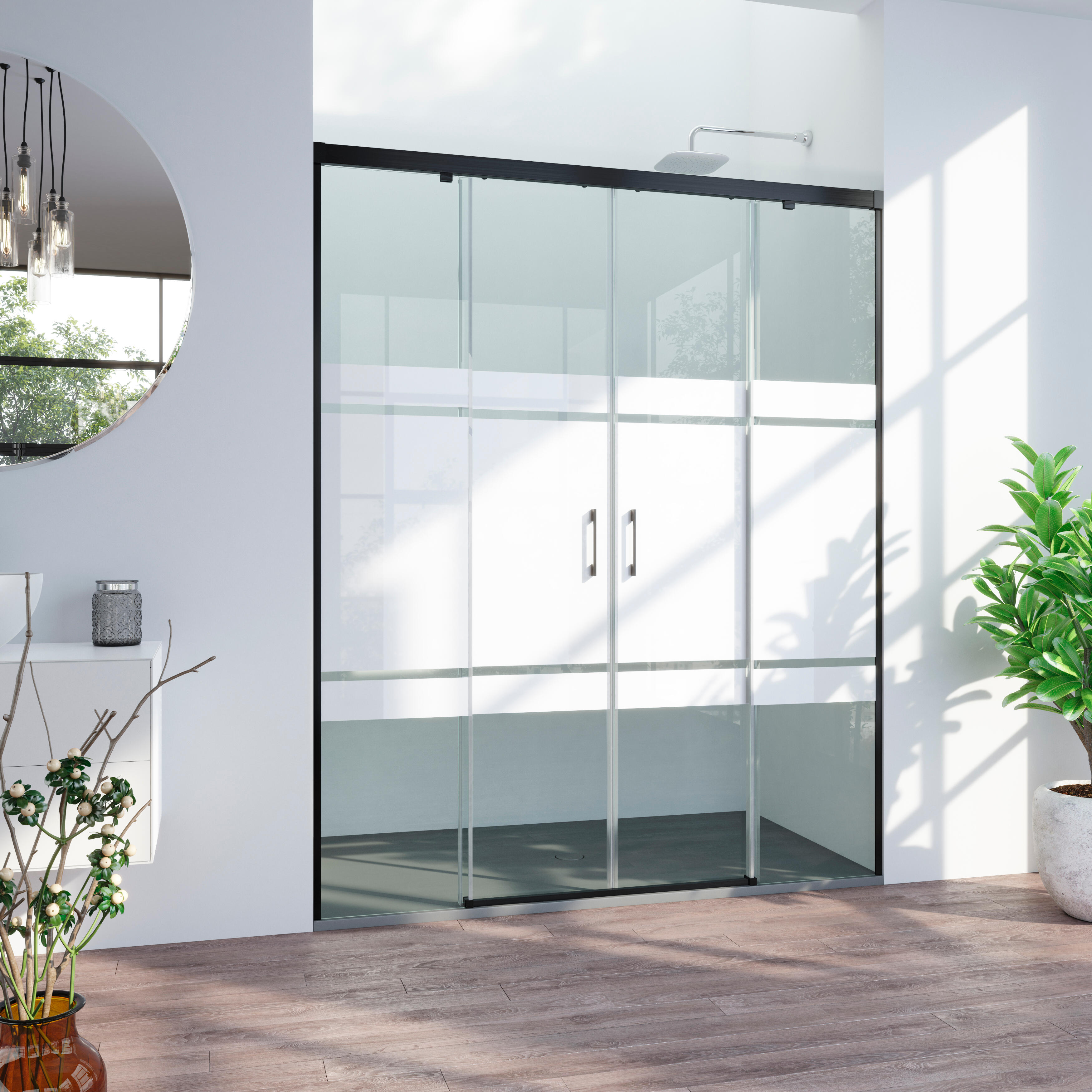 Mampara de ducha frontal 2 fijos + 2 puertas corredera serigrafiada tala perfil aluminio negro (171-180)x200 cm cristal 6mm cierre magnético sin guía inferior marca glassinox