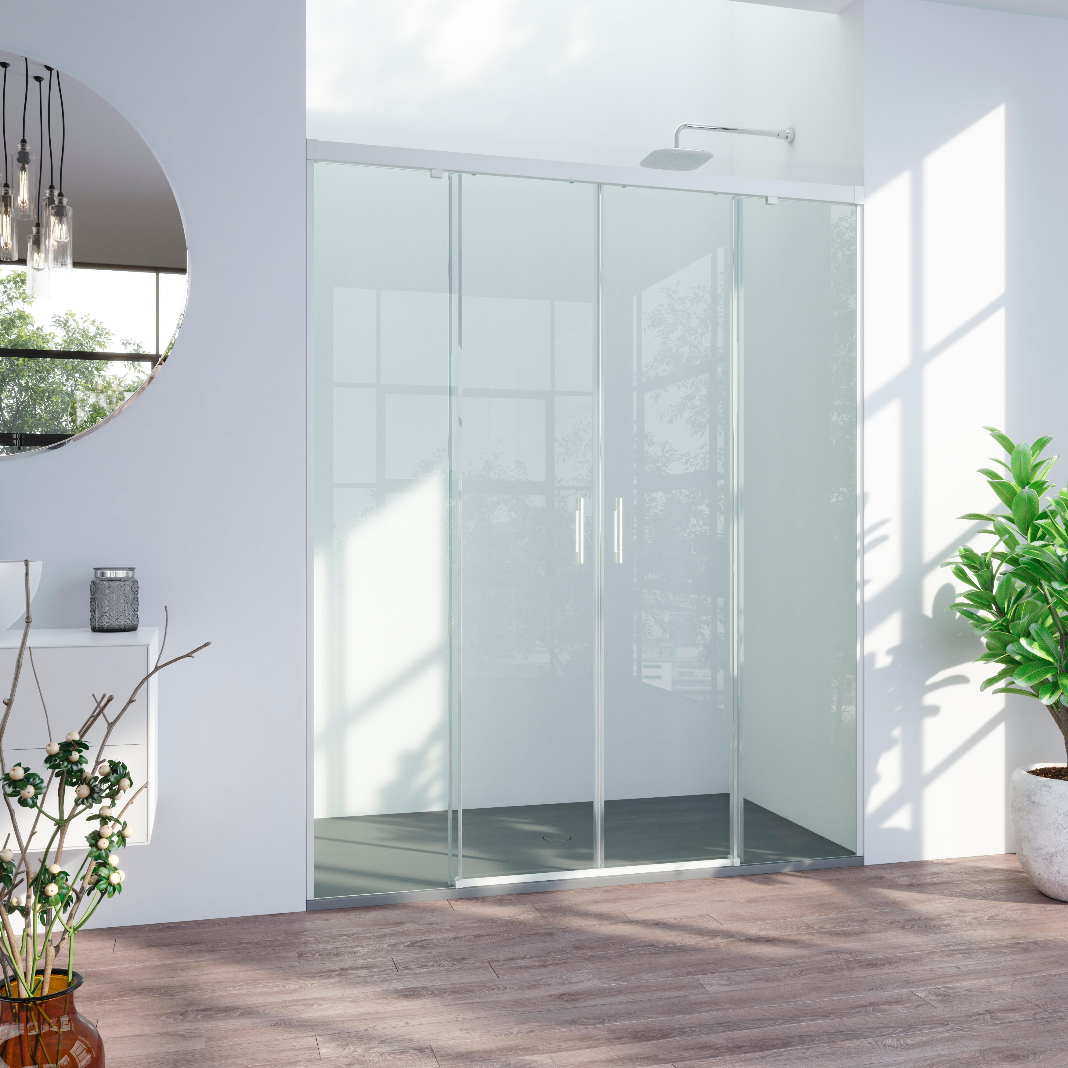 Mampara de ducha frontal 2 fijos + 2 puertas corredera transparente tala perfil aluminio blanco (171-180)x200 cm cristal 6mm cierre magnético sin guía inferior marca glassinox