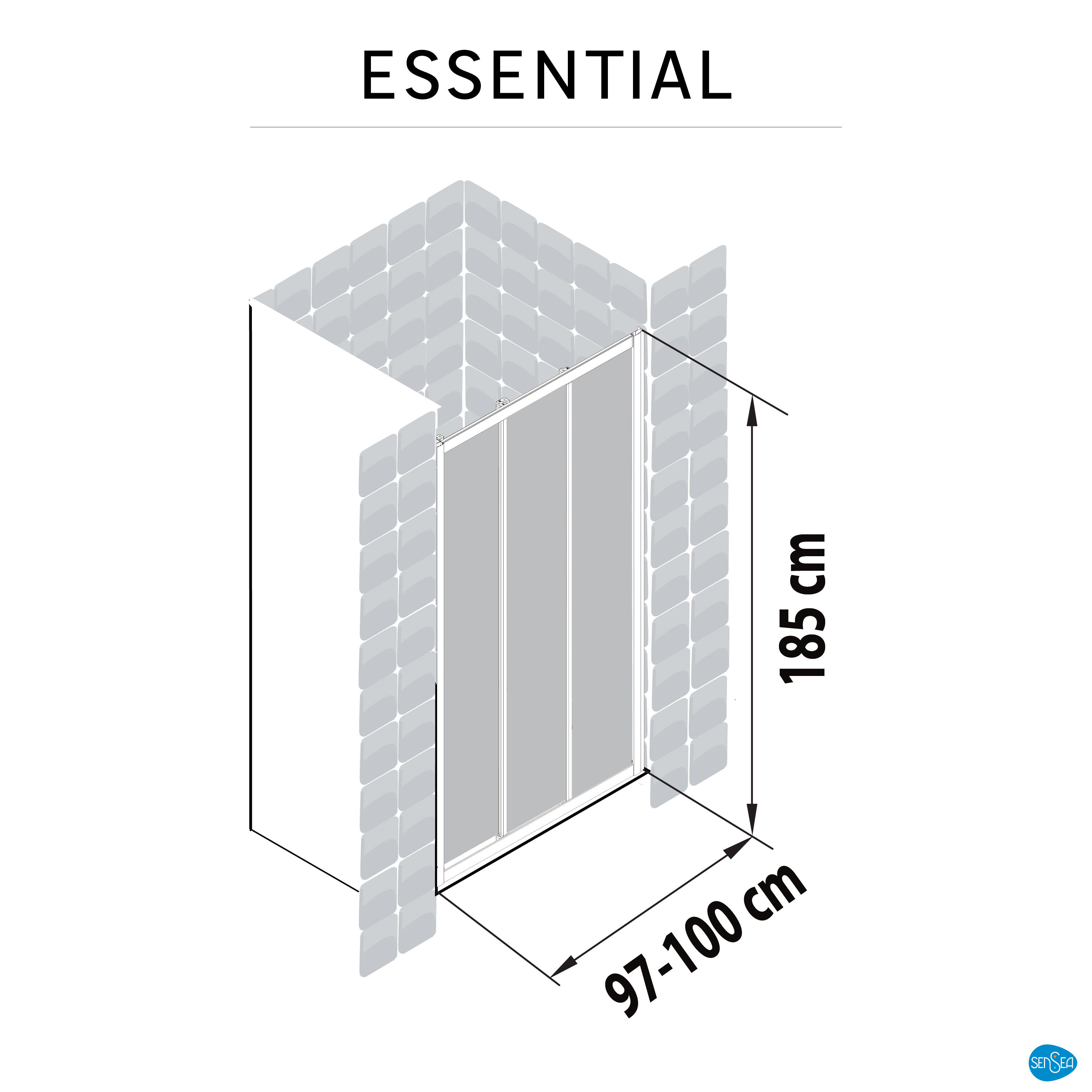 Portas de duche de correr 2 portas móveis+1 painel fixo 100x185 cm cromado transparente Sensea Essential - 8
