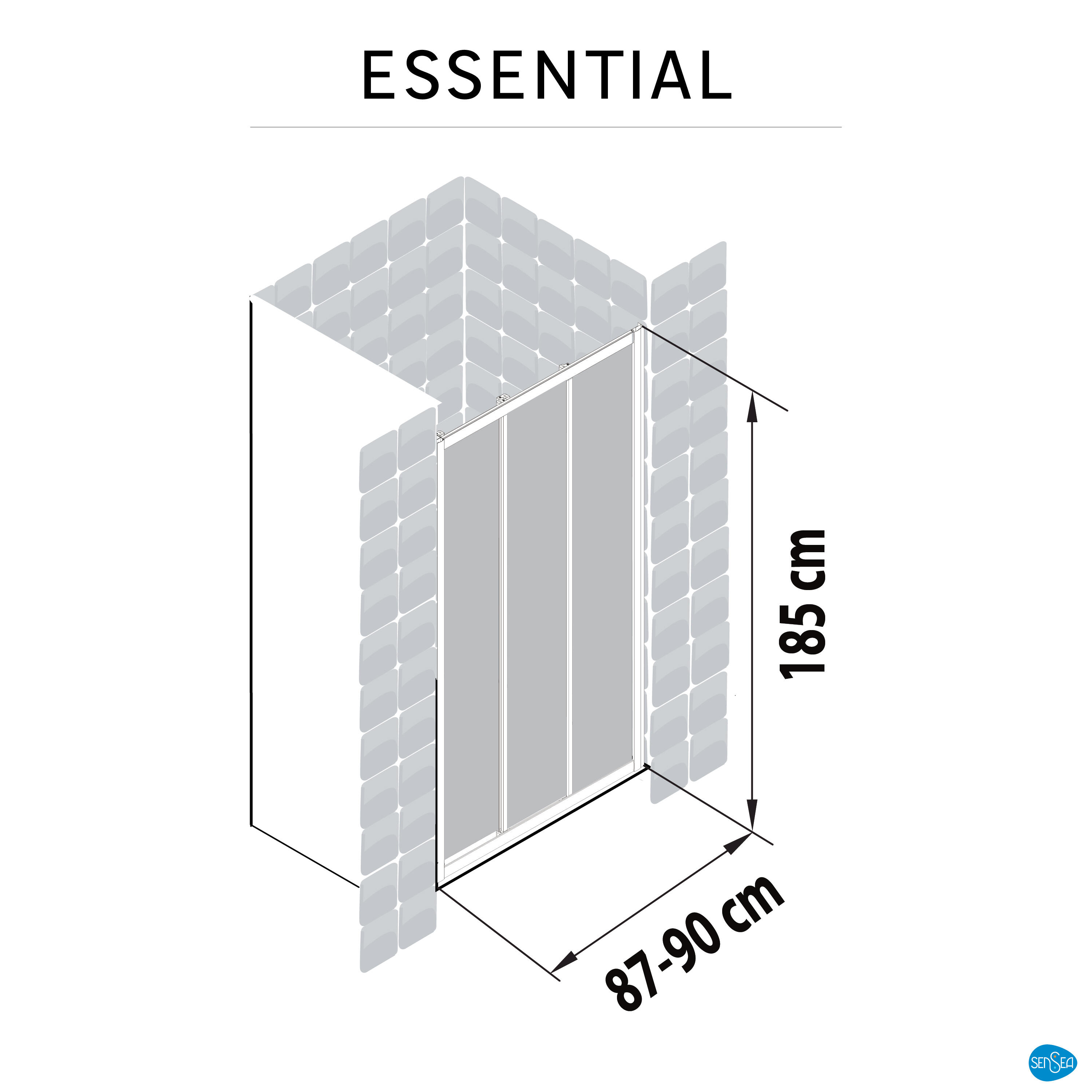 Mampara de ducha frontal corredera 1 hoja fija + 2 puertas correderas Essential. Perfil aluminio blanco. Ancho adaptable (87-90)x185 cm cristal templado de seguridad serigrafiado 4 mm. Cierre magnético con guía inferior Sensea - 3