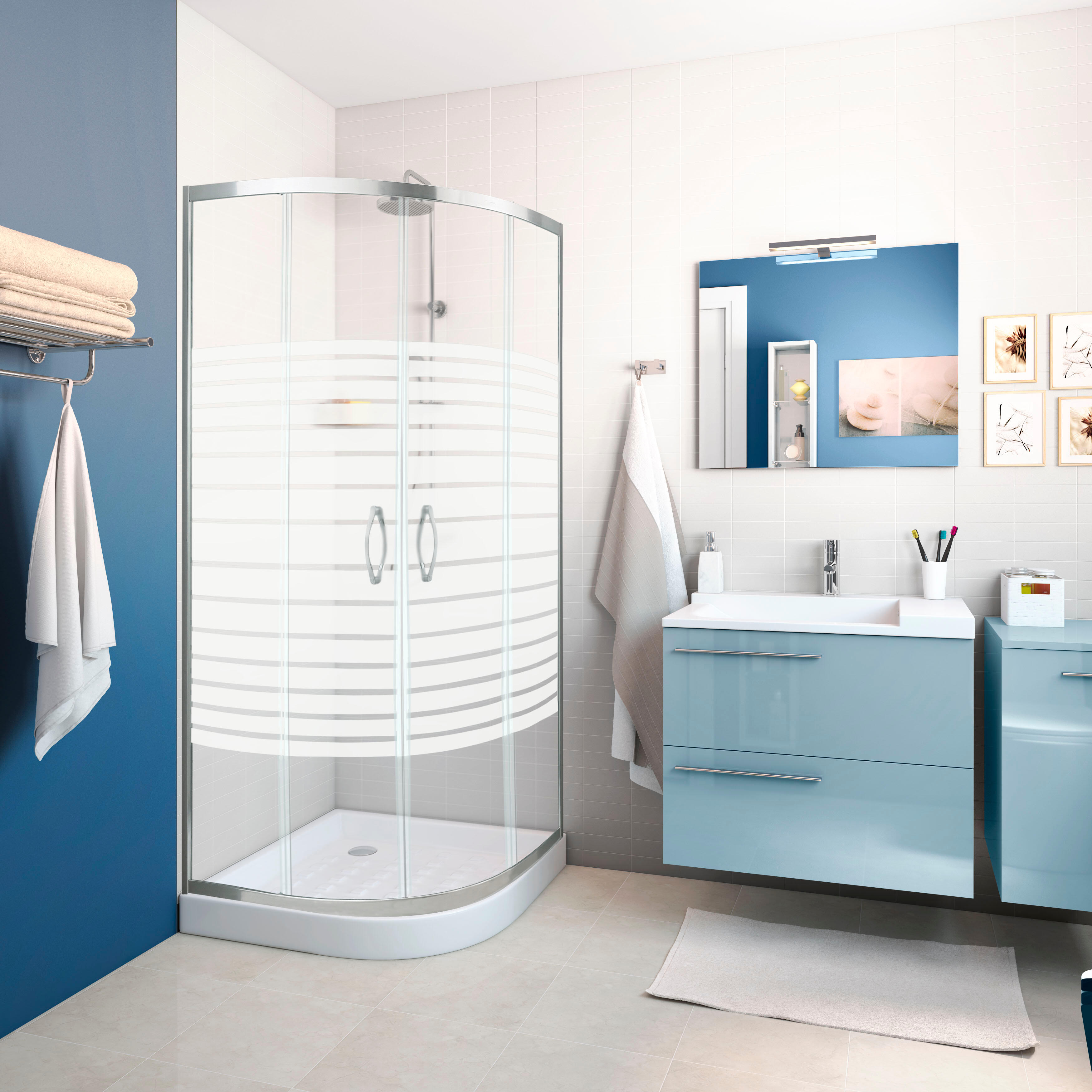 Mampara de ducha en esquina curva corredera serigrafiada mittos perfil aluminio cromo (87-88)x(87-88)x40 cm cristal 5 mm con guía inferior marca codeba