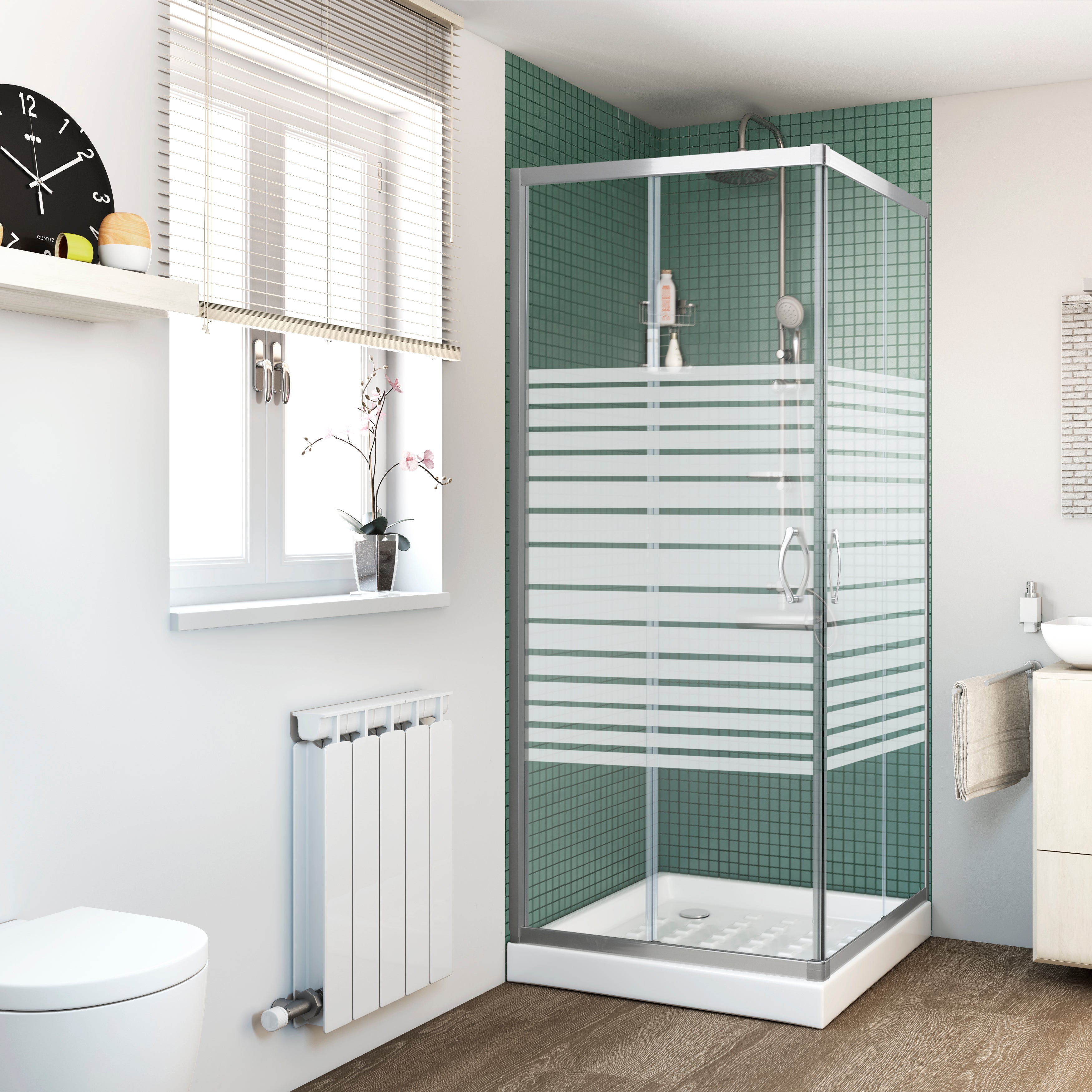 Mampara de ducha corredera serigrafiada mittos perfil cromo (77-78)x(77-78)x22.5 cm 5 mm