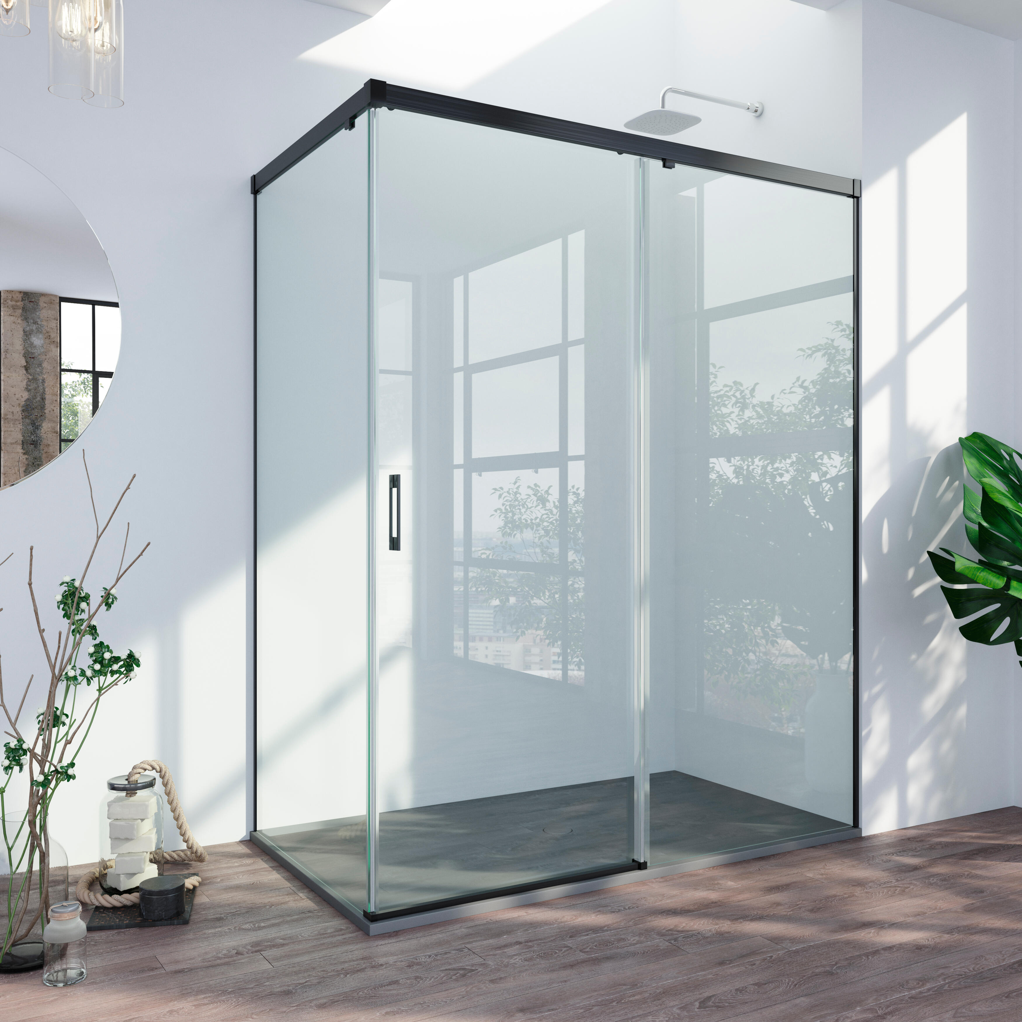 Mampara de ducha frontal con panel fijo lateral corredero transparente tala perfil negro (130.1-140)+90 x200 cm