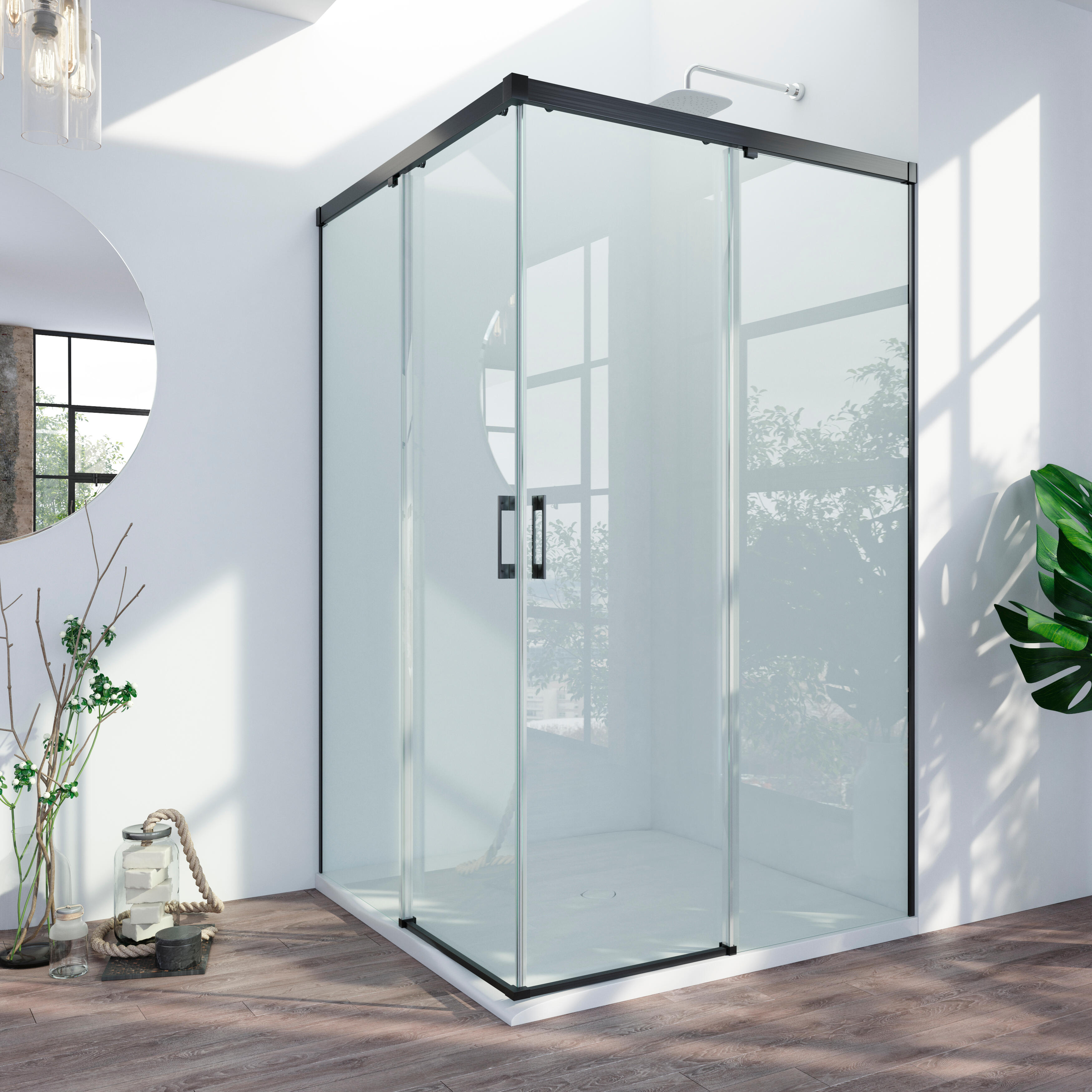Mampara de ducha en esquina rectangular corredera transparente tala perfil aluminio negro (131-140)x(140-141)x200 cm cristal 6 mm sin guía inferior marca glassinox