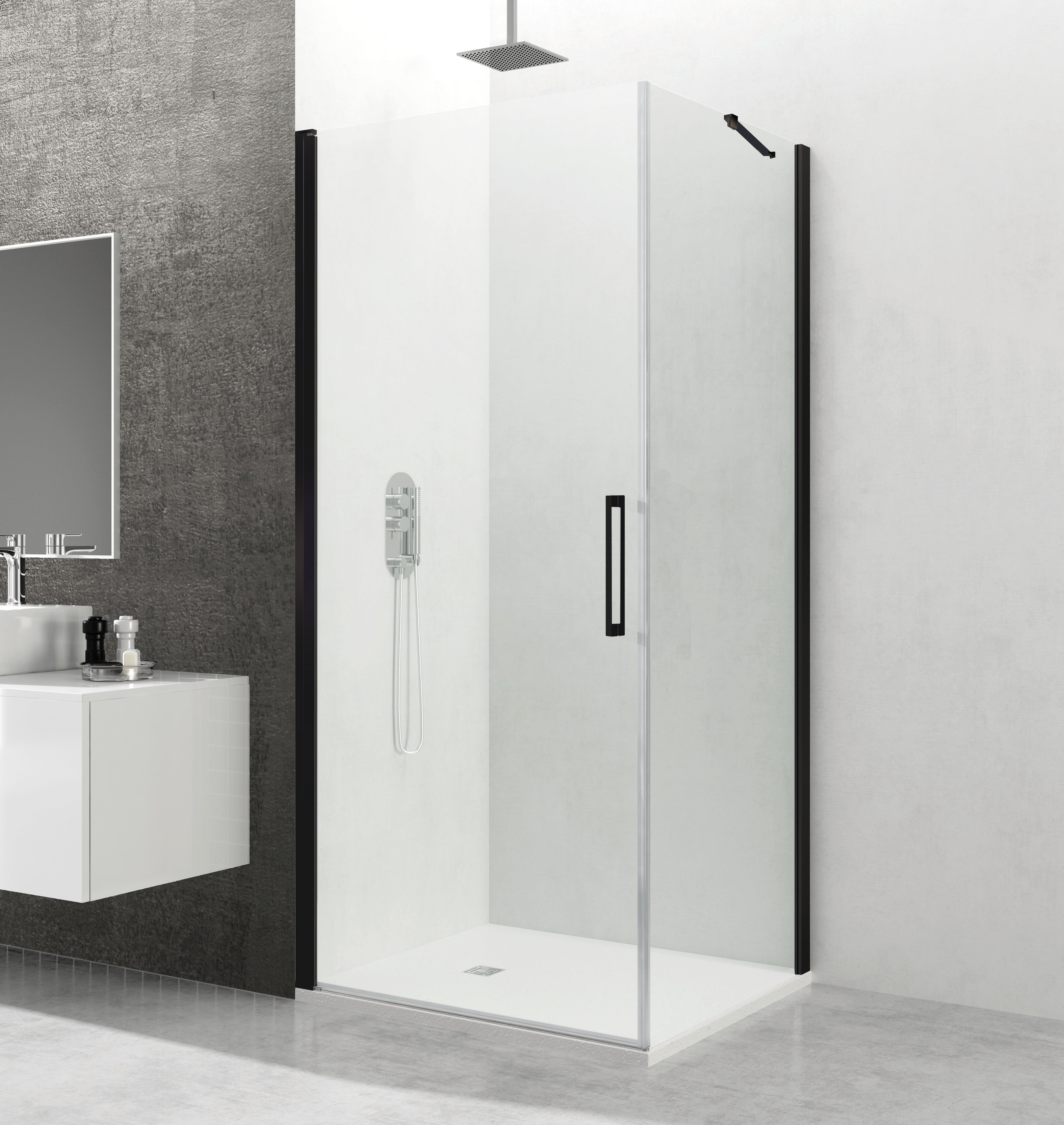 Mampara de ducha frontal con panel fijo lateral batiente transparente abat c perfil negro (55.6-57.1)+70 x195 cm