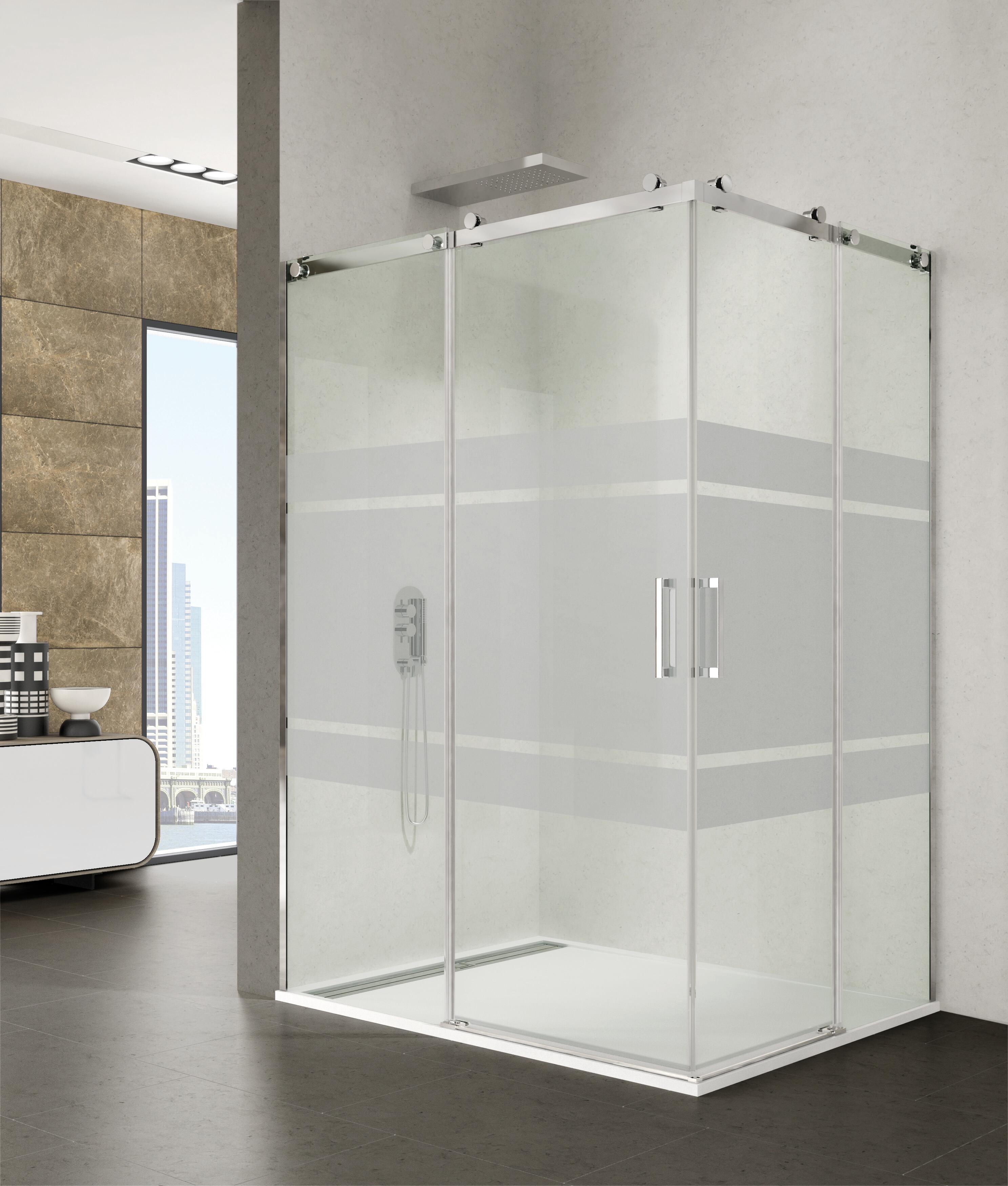 Mampara de ducha en esquina rectangular corredera serigrafiada steel perfil acero inoxidable cromo (65-70)x(75-80)x195 cm cristal 6 mm sin perfil bajo marca gme