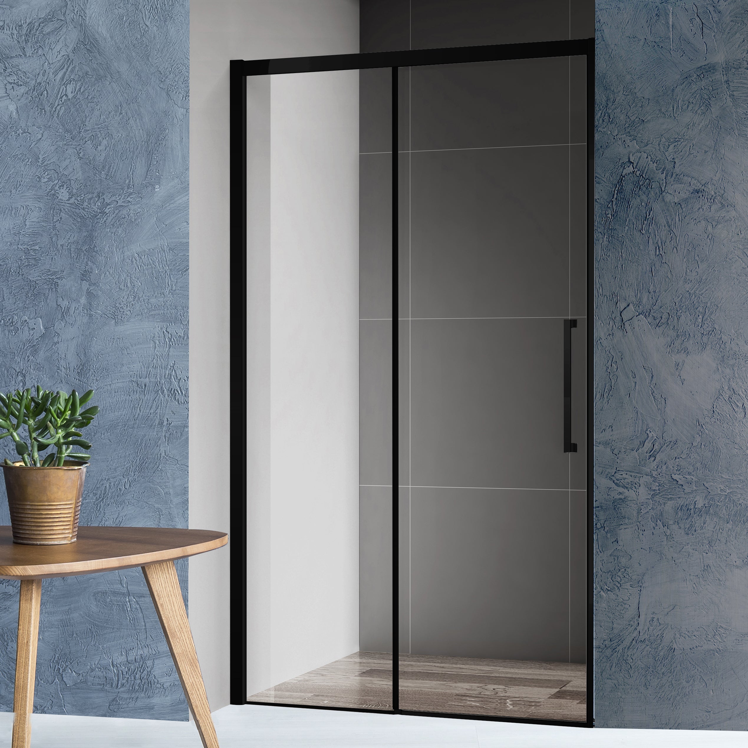 Mampara de ducha frontal 1 fijo + 1 puerta corredera transparente vista perfil aluminio negro (138-142)x195 cm cristal 6mm cierre magnético sin guía inferior