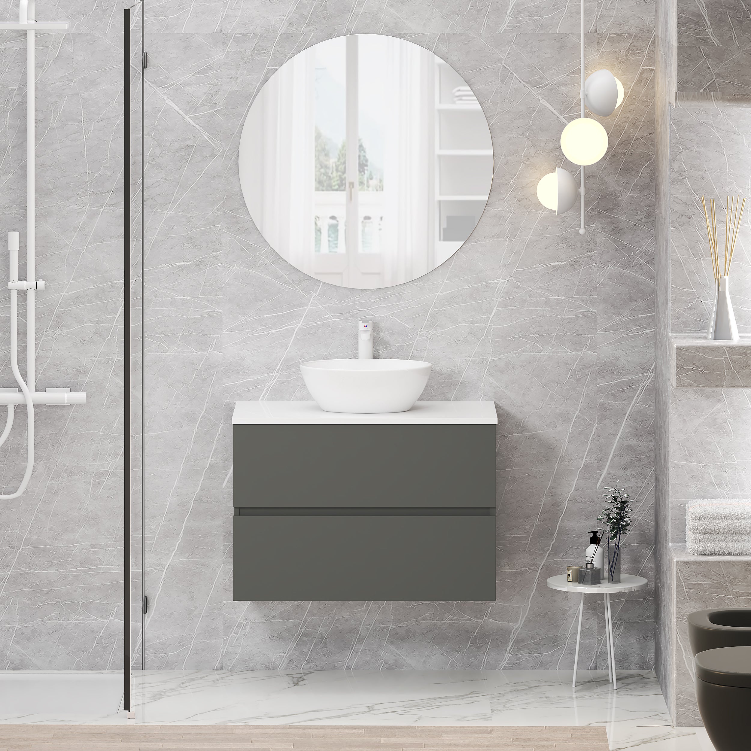 Mueble de baño con lavabo y espejo bari gris mate 80x46 cm