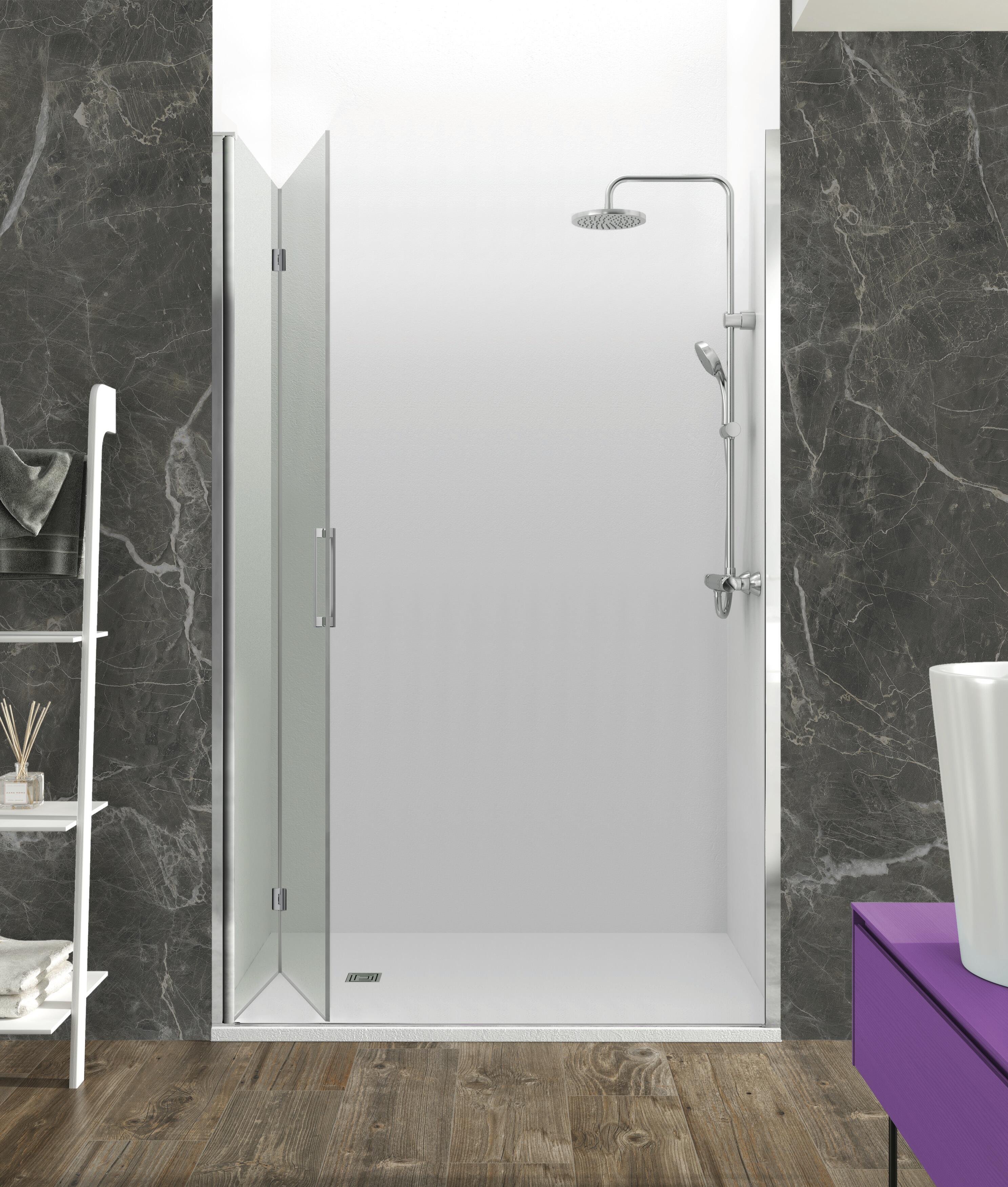 Mampara de ducha frontal 1 fijo + 1 puerta plegable transparente Fold C2 perfil aluminio cromo (90-94)x195 cm cristal 6mm cierre magnético sin guía inferior marca GME - 4