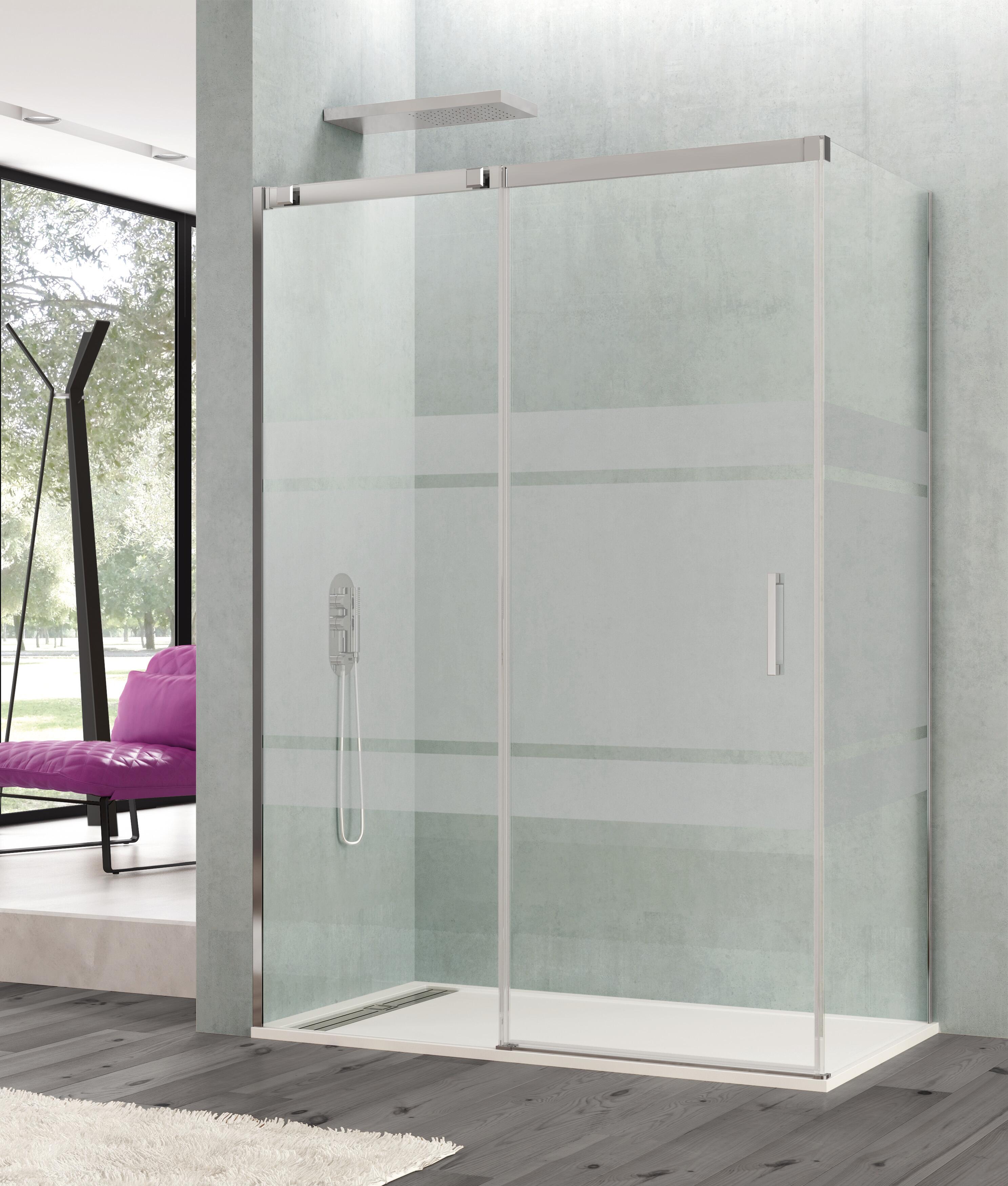 Mampara de ducha frontal con panel fijo lateral corredero serigrafiado steel perfil cromo (87-89)+90 x195 cm