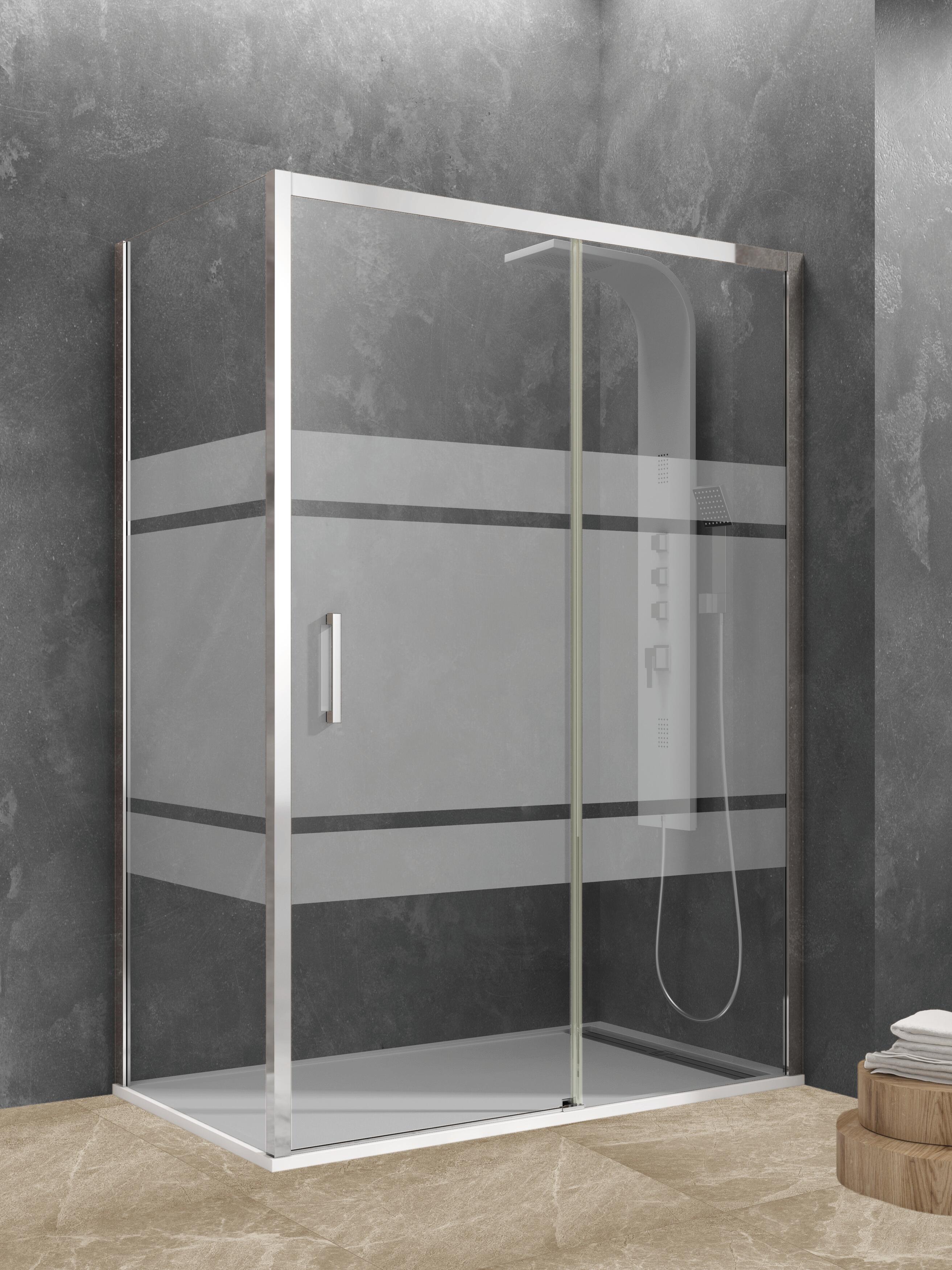 Mampara de ducha frontal con panel fijo lateral corredero serigrafiado ark perfil cromo (76-79)+80 x195 cm