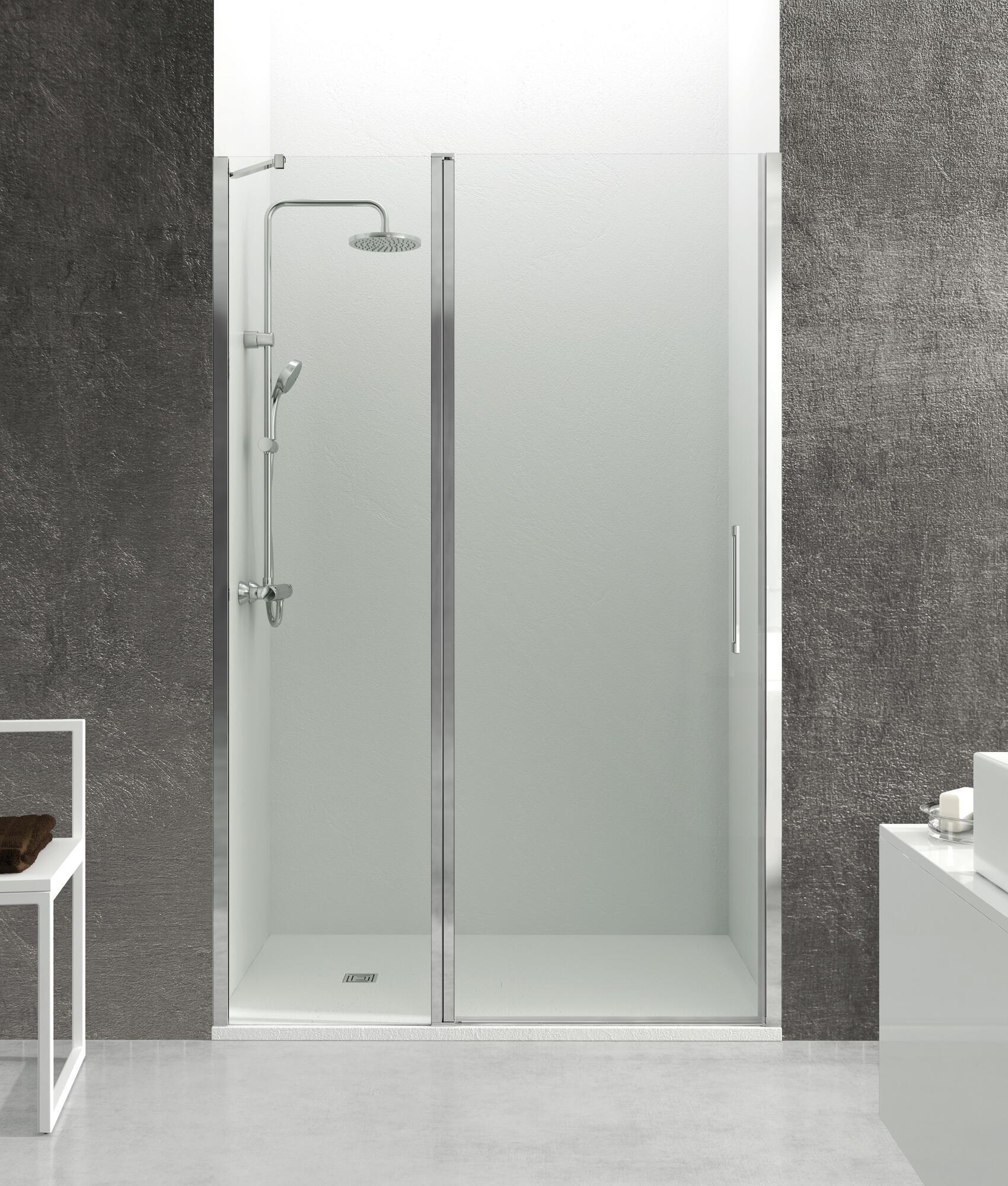 Mampara de ducha frontal 1 fijo + 1 puerta batiente transparente abat d perfil aluminio cromo (110-115)x195 cm cristal 6mm cierre magnético sin guía inferior marca gme