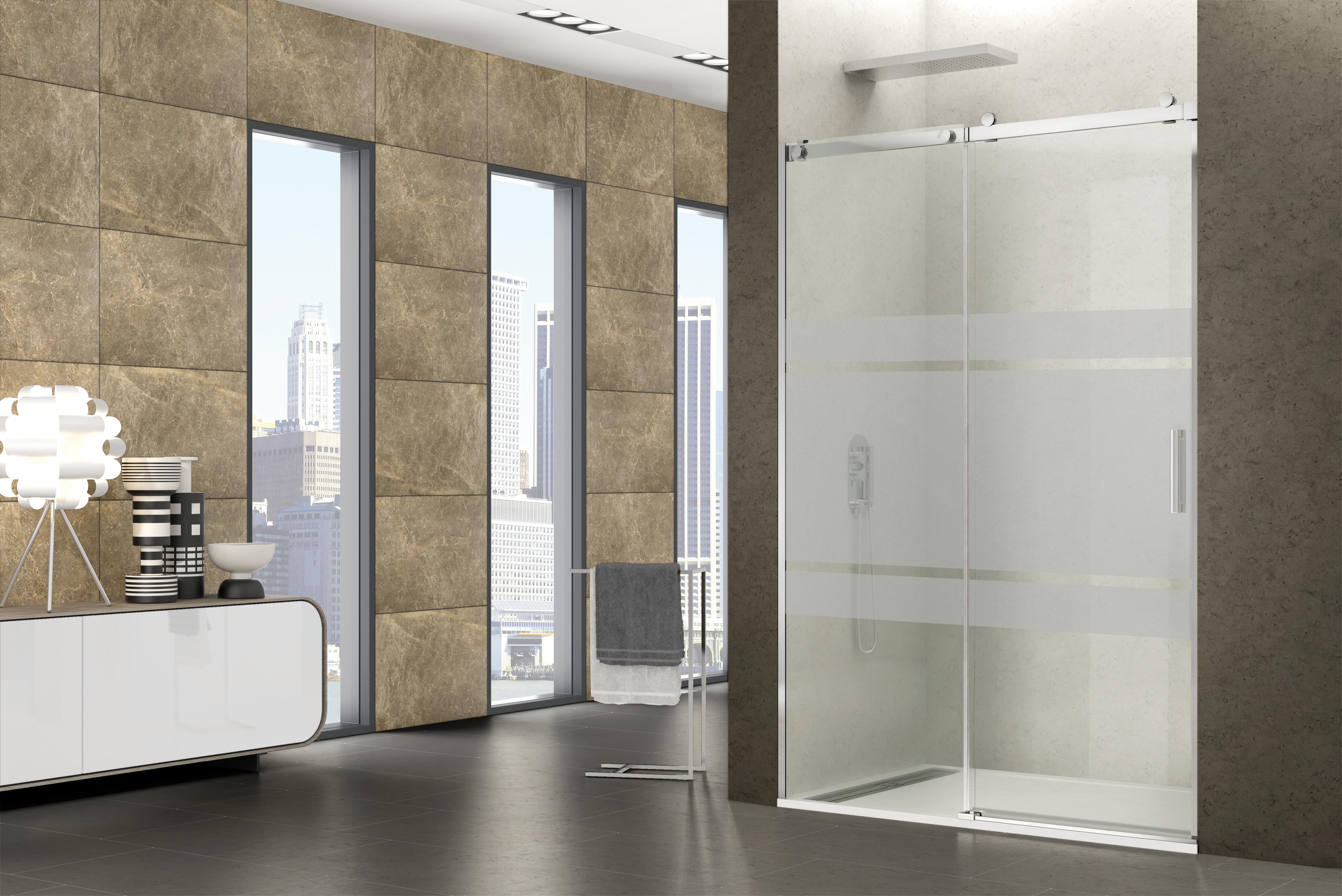 Mampara de ducha frontal 1 fijo + 1 puerta corredera serigrafiada steel perfil acero inoxidable cromo (95-100)x195 cm cristal 6mm cierre magnético sin guía inferior marca gme