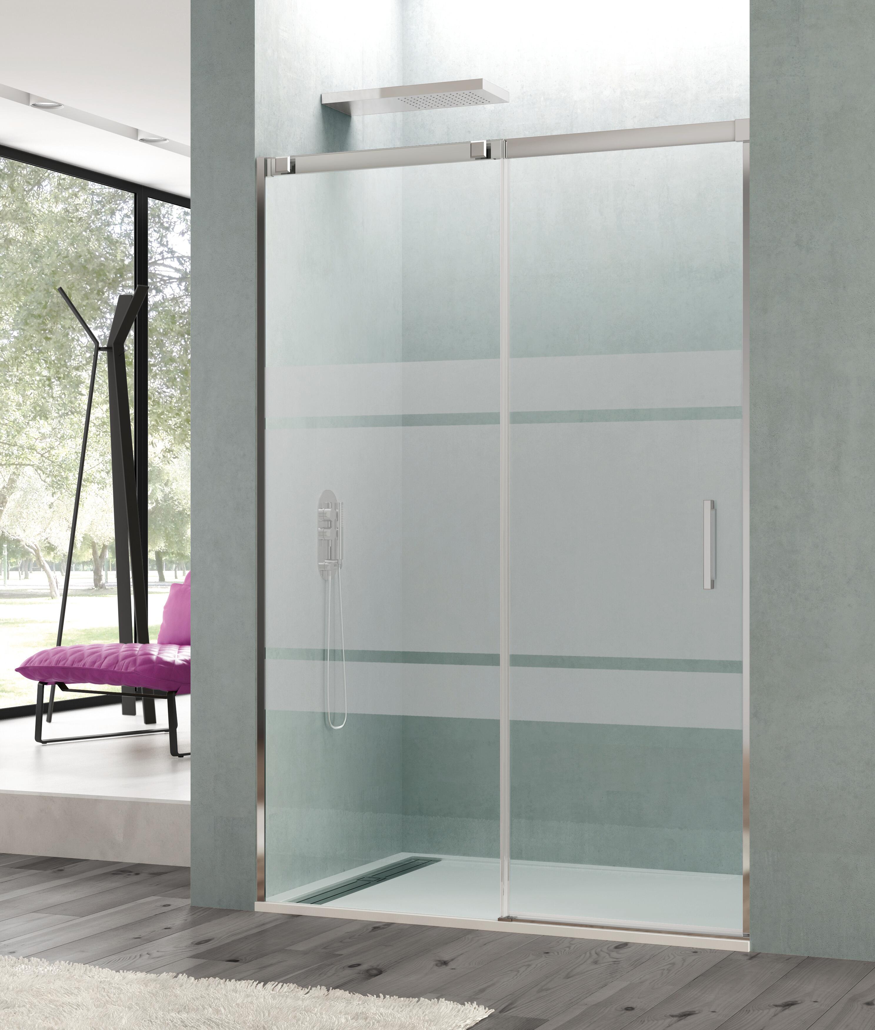 Mampara de ducha frontal 1 fijo + 1 puerta corredera serigrafiada steel perfil acero inoxidable cromo (120-125)x195 cm cristal 6mm sin guía inferior marca gme