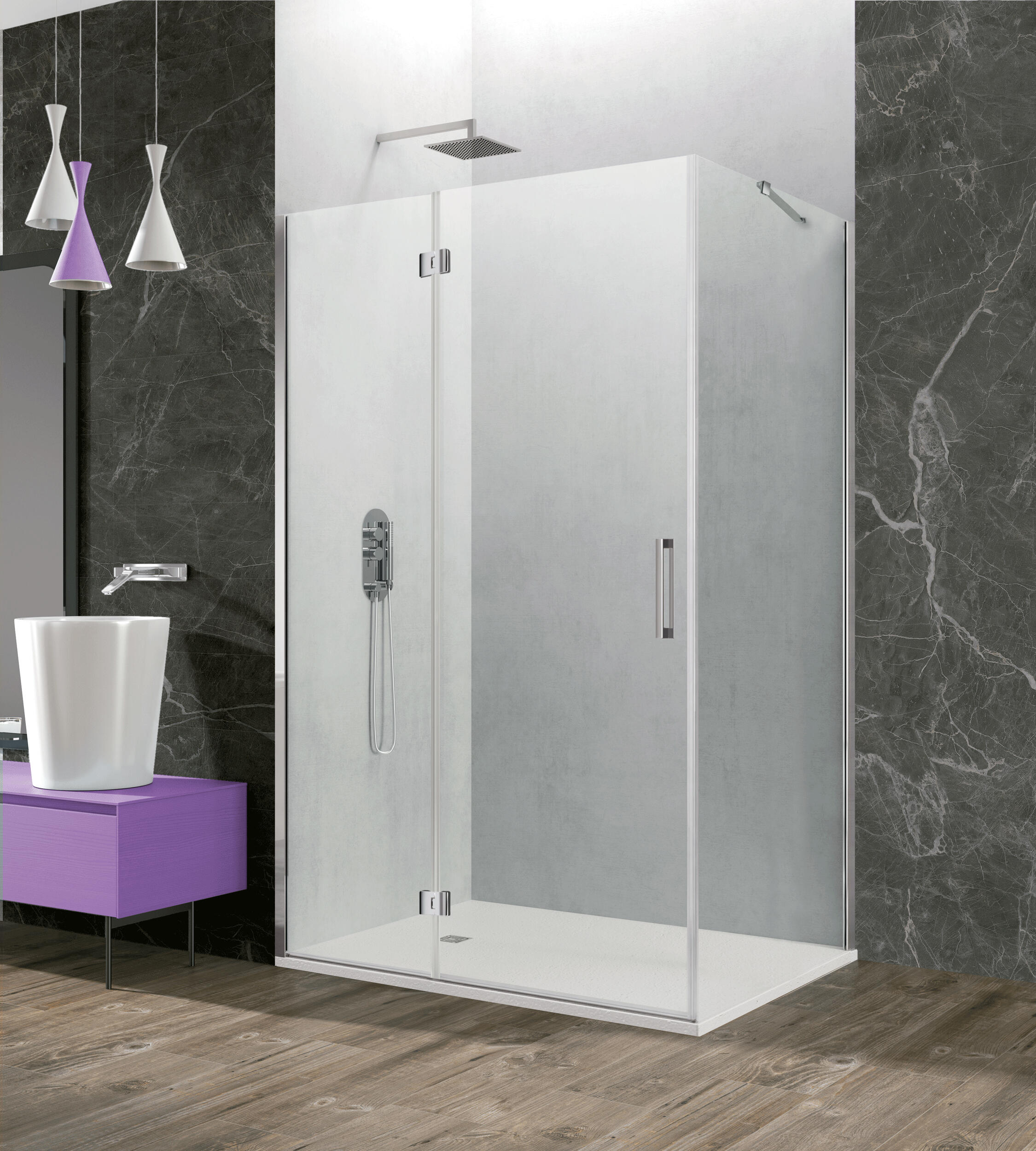 Mampara de ducha frontal con panel fijo lateral plegable transparente fold c1 perfil cromo (76-79)+80 x195 cm