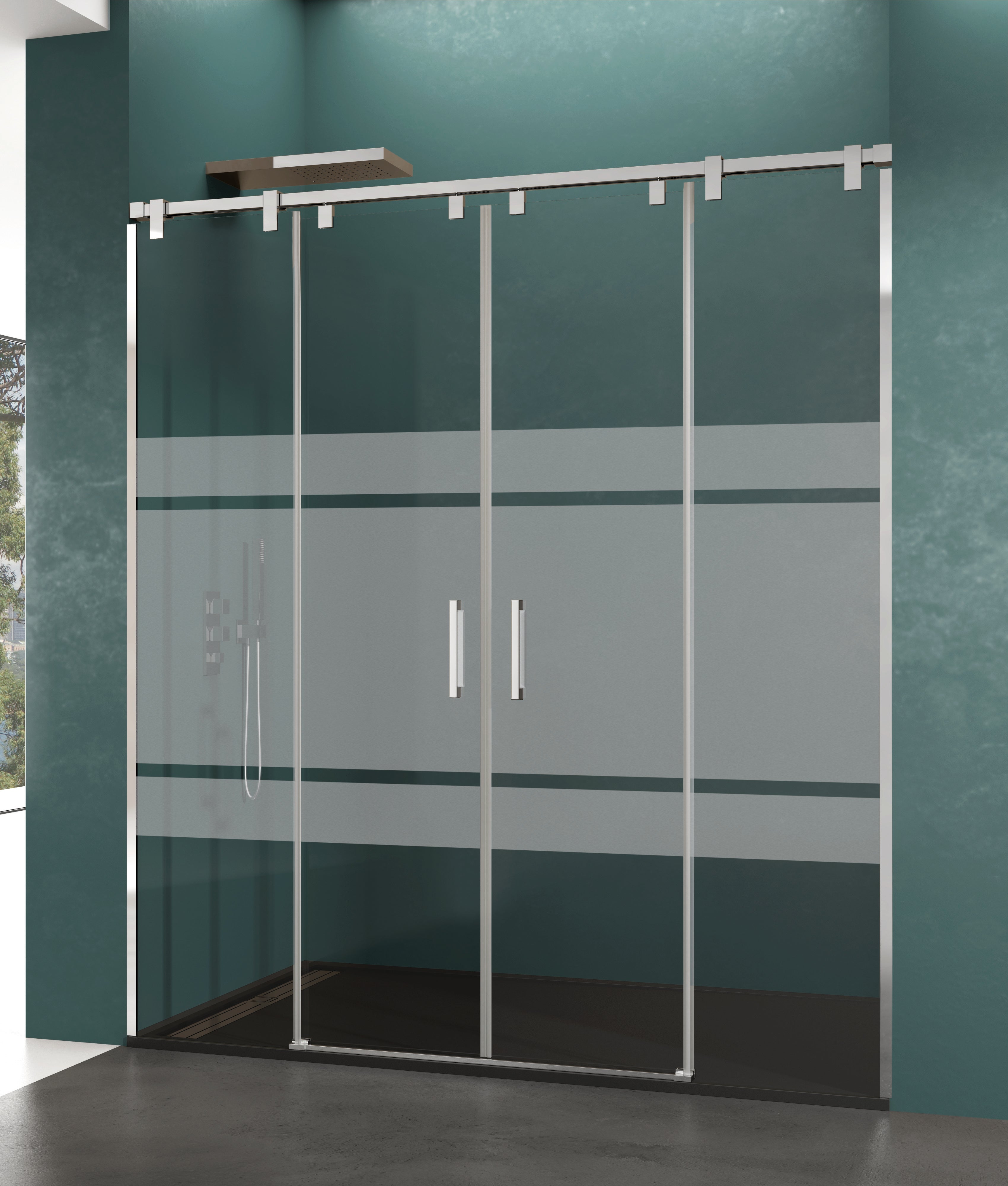 Mampara de ducha frontal 2 fijos + 2 puertas corredera serigrafiada steel perfil acero inoxidable cromo (182-192)x195 cm cristal 6mm cierre magnético sin guía inferior marca gme