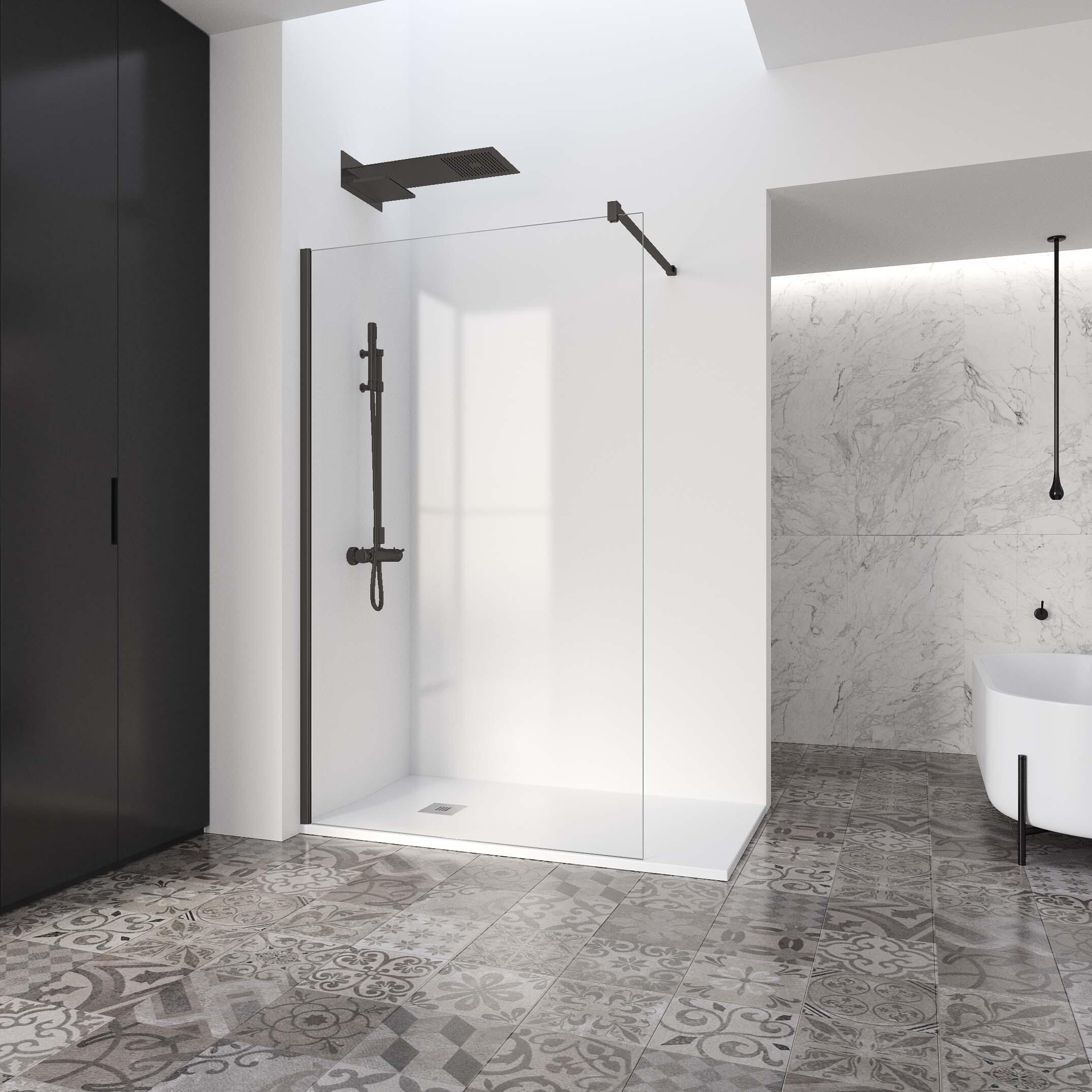 Mampara de ducha fija transparente cool perfil aluminio negro (90-91.5)x200 cm cristal 8mm reversible 1 barra de estabilización 100 cm (recortable) a pared vanguard