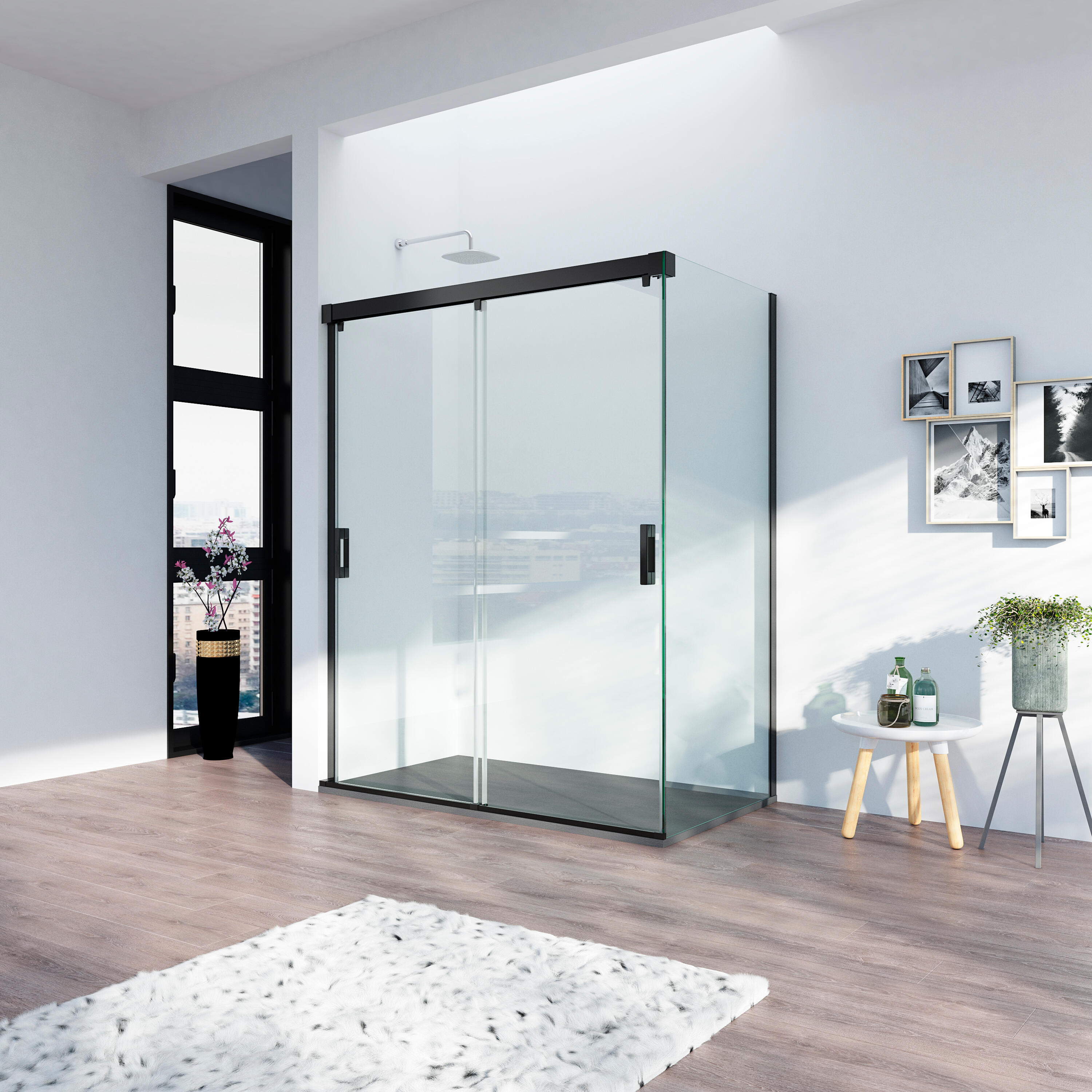 Mampara de ducha frontal con panel fijo lateral plegable transparente open perfil negro (135-140)+80 x195 cm