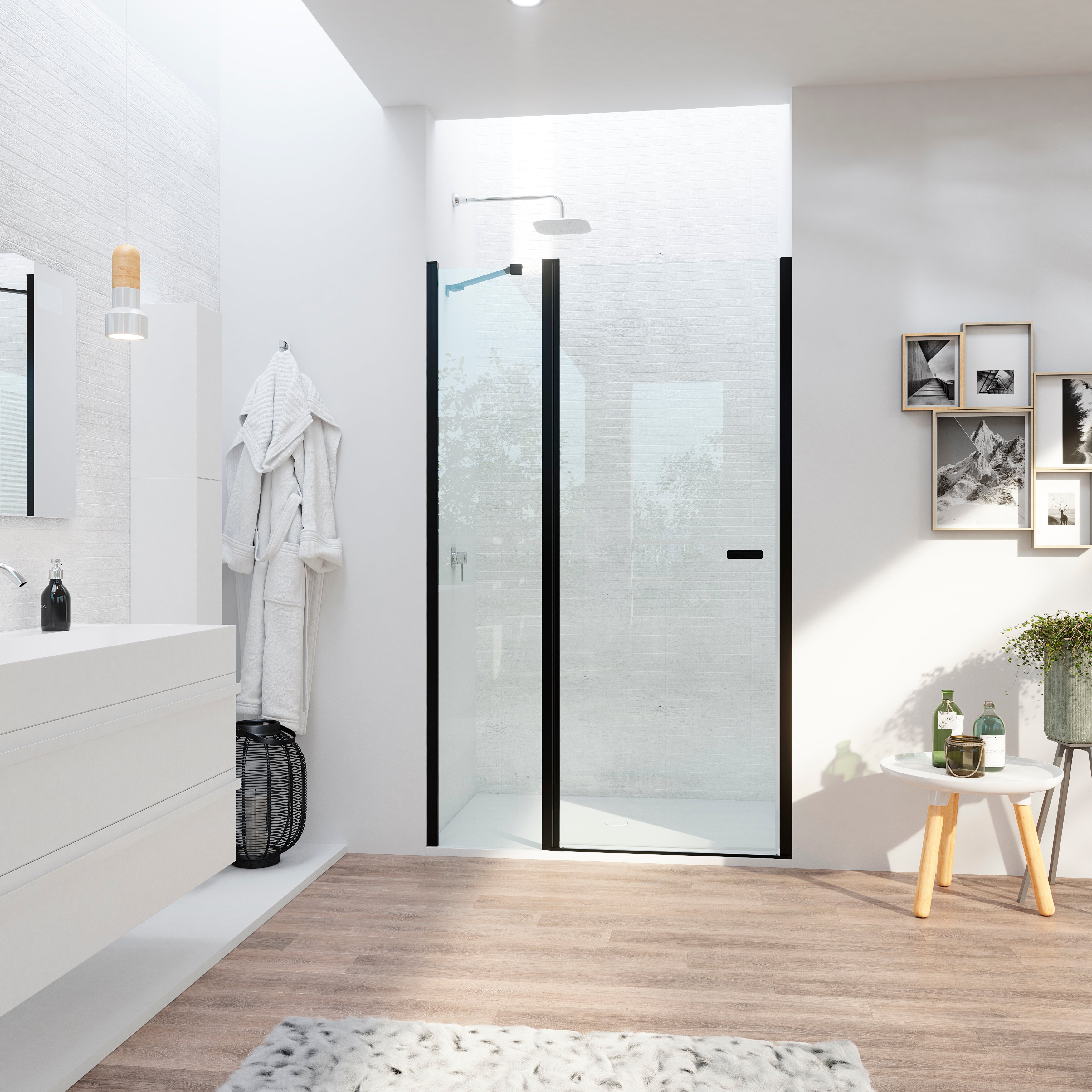 Mampara de ducha frontal 1 fijo + 1 puerta batiente transparente open perfil aluminio negro (105-109)x195 cm cristal 6mm cierre magnético sin guía inferior marca glassinox