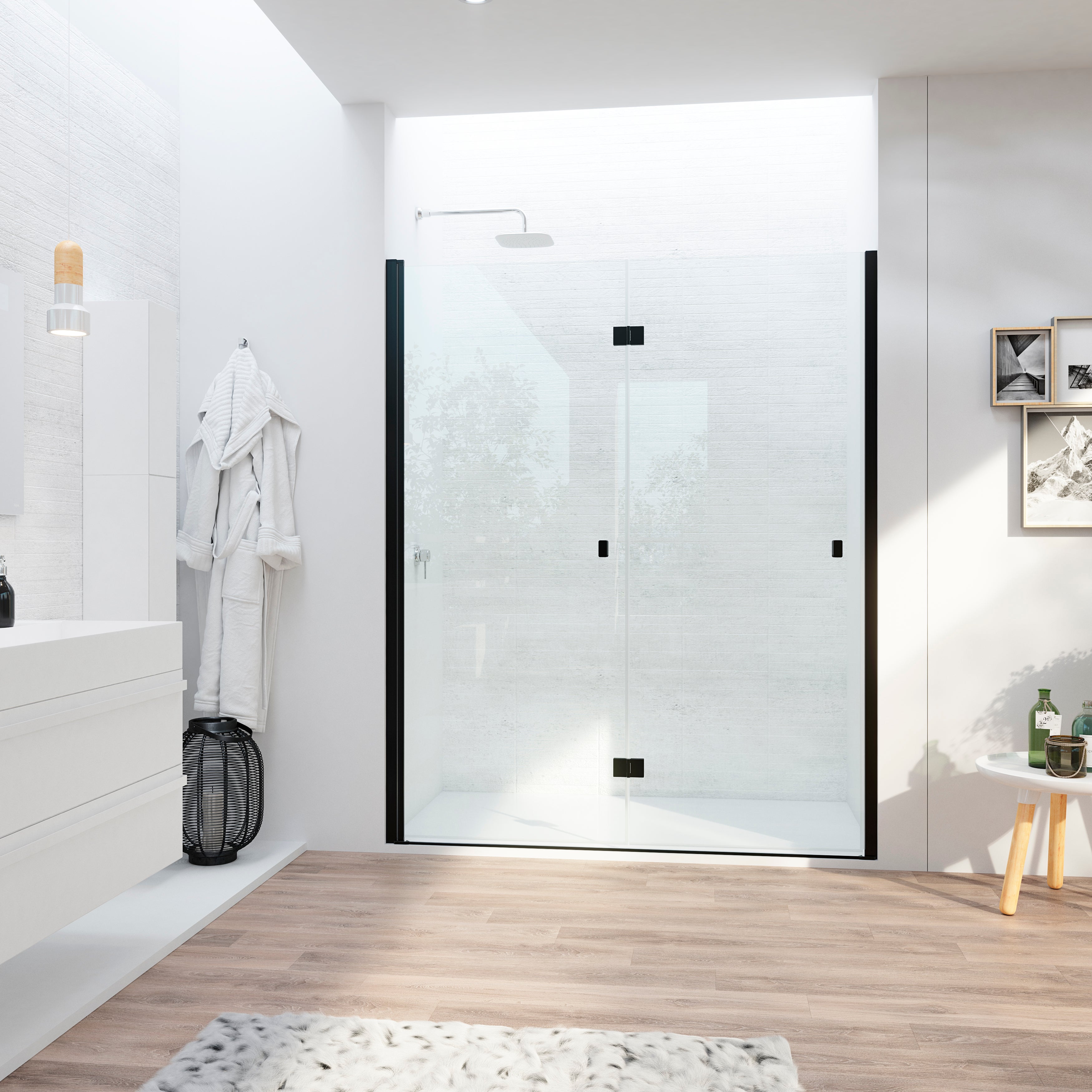 Mampara de ducha frontal 2 puertas plegable transparente open perfil aluminio negro (70-74)x195 cm cristal 6mm cierre magnético sin guía inferior marca glassinox