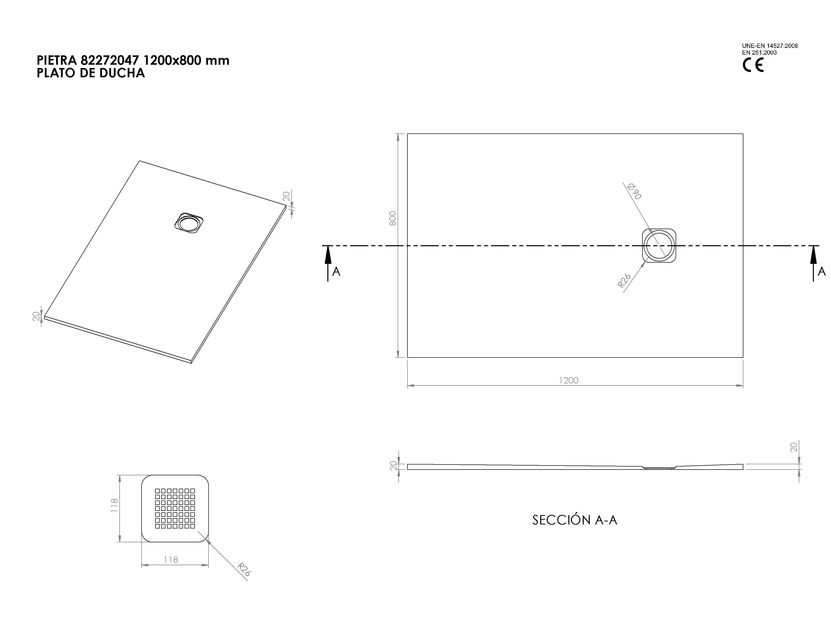 Base de duche válvula rebaixada 120x80 cm branco Pietra - 9