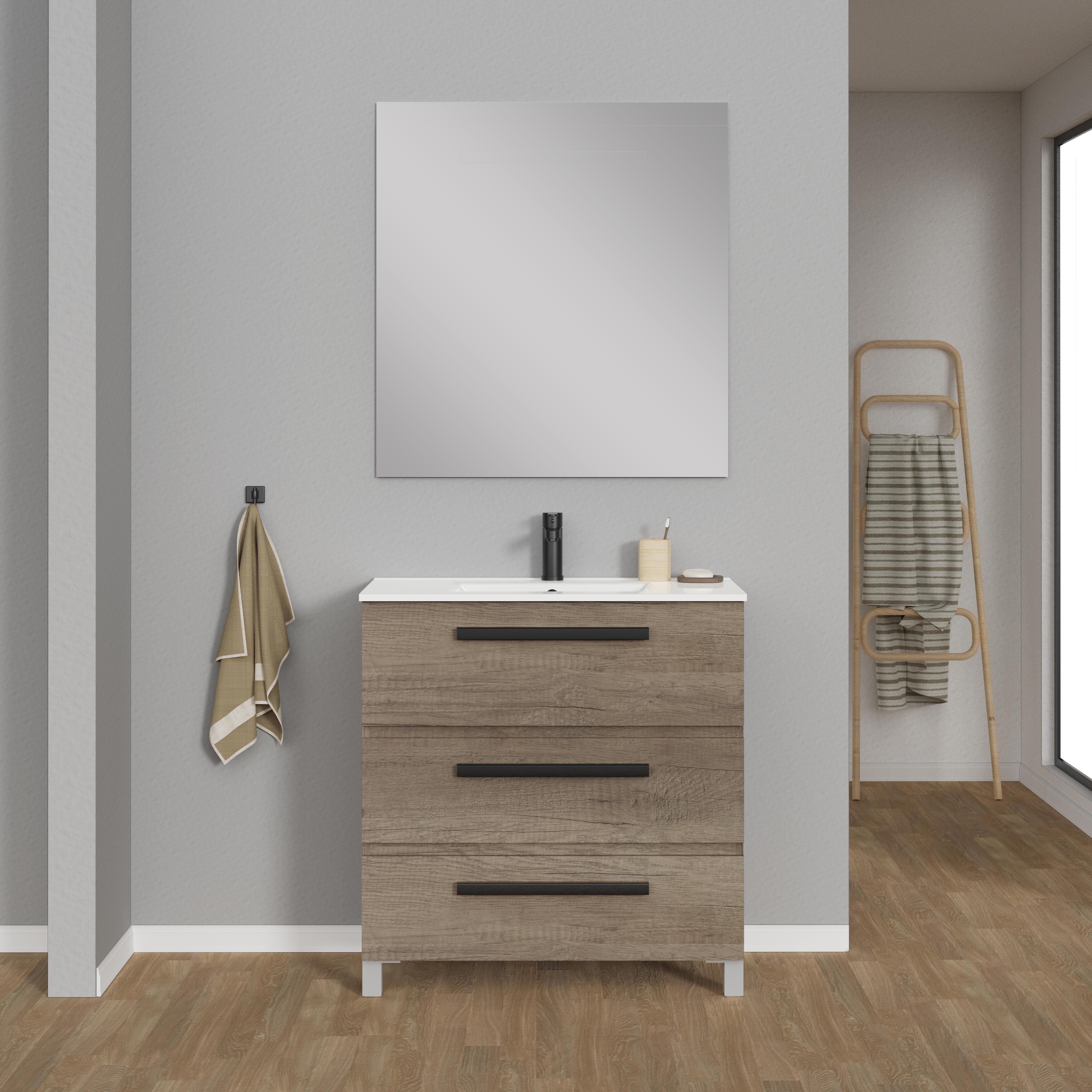 Mueble de baño con lavabo y espejo javi castaño satinado 80x45 cm