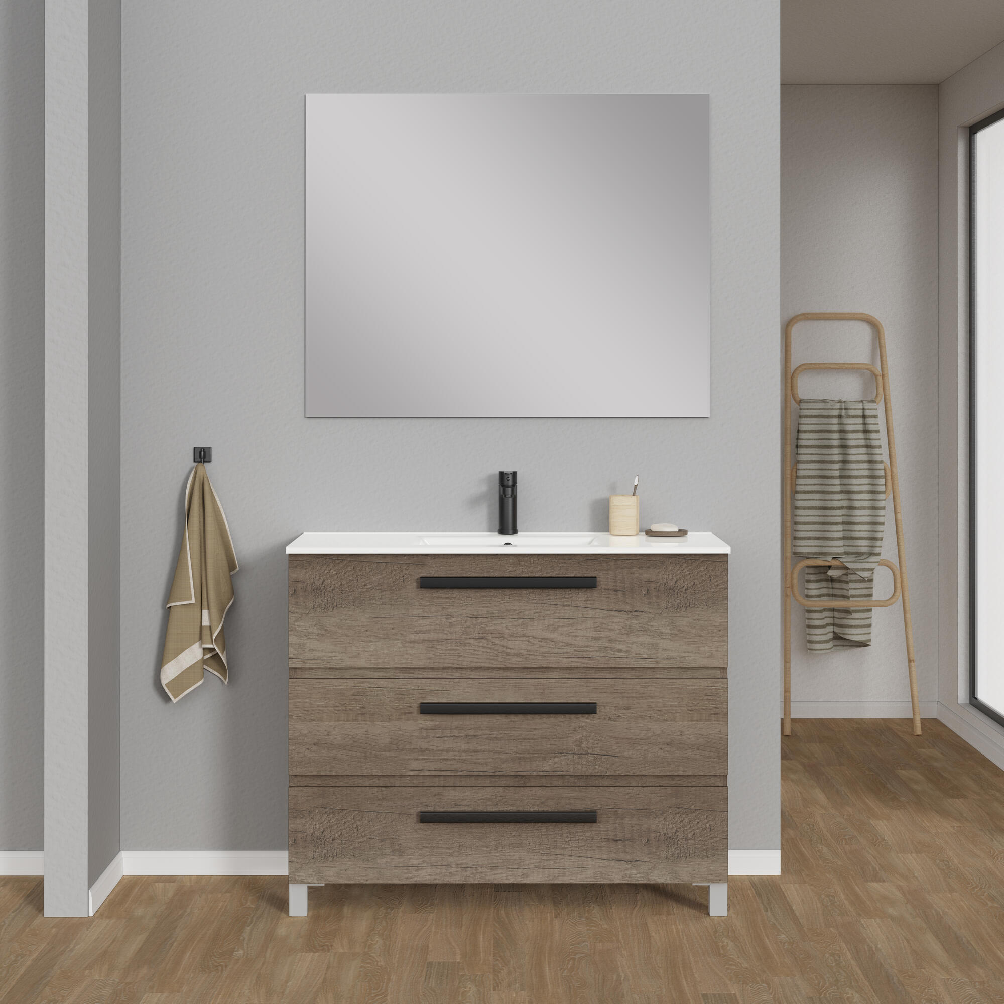 Mueble de baño con lavabo y espejo javi castaño satinado 100x45 cm