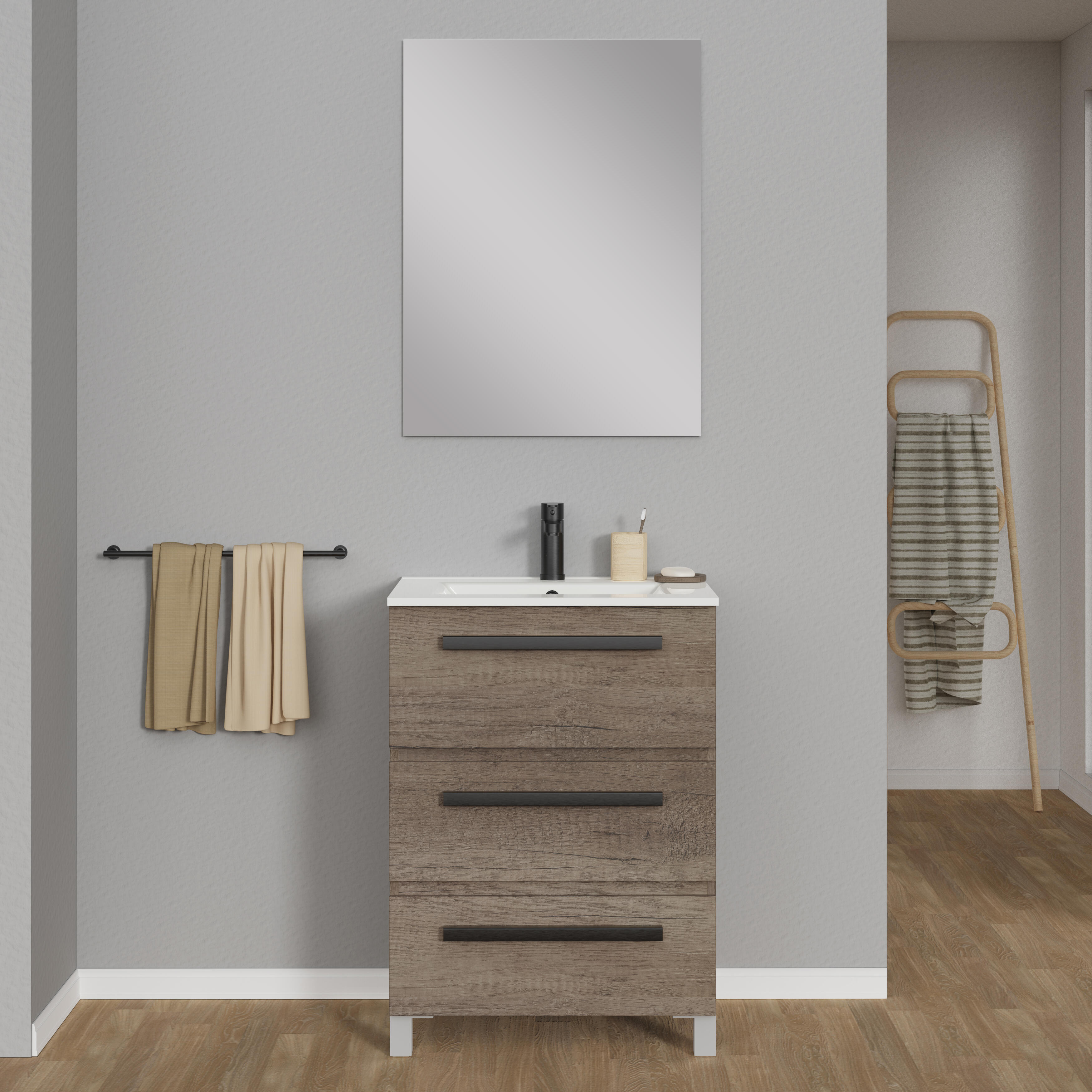 Mueble de baño con lavabo y espejo javi castaño satinado 70x45 cm