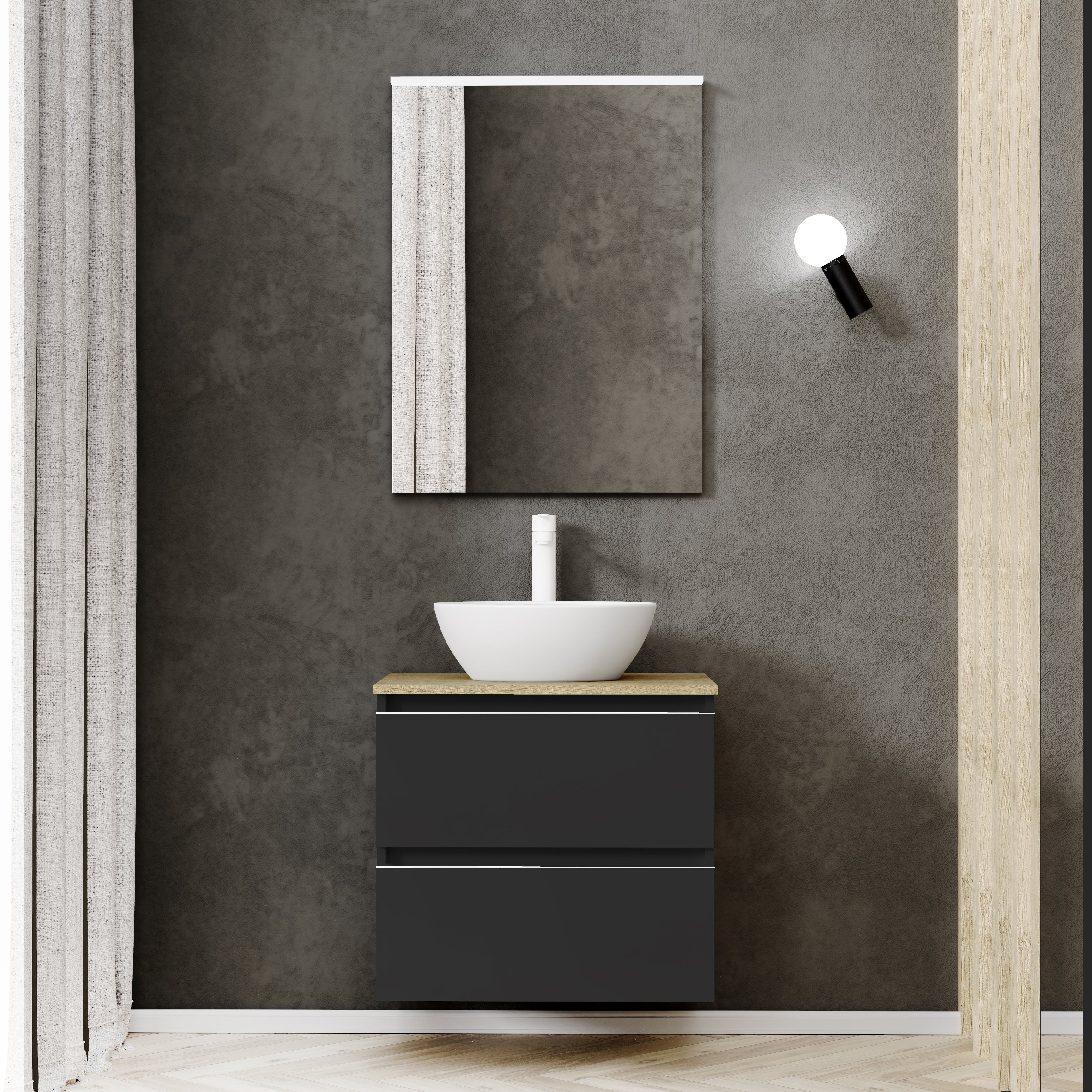 Mueble de baño con lavabo y espejo dueto negro mate 60x46 cm
