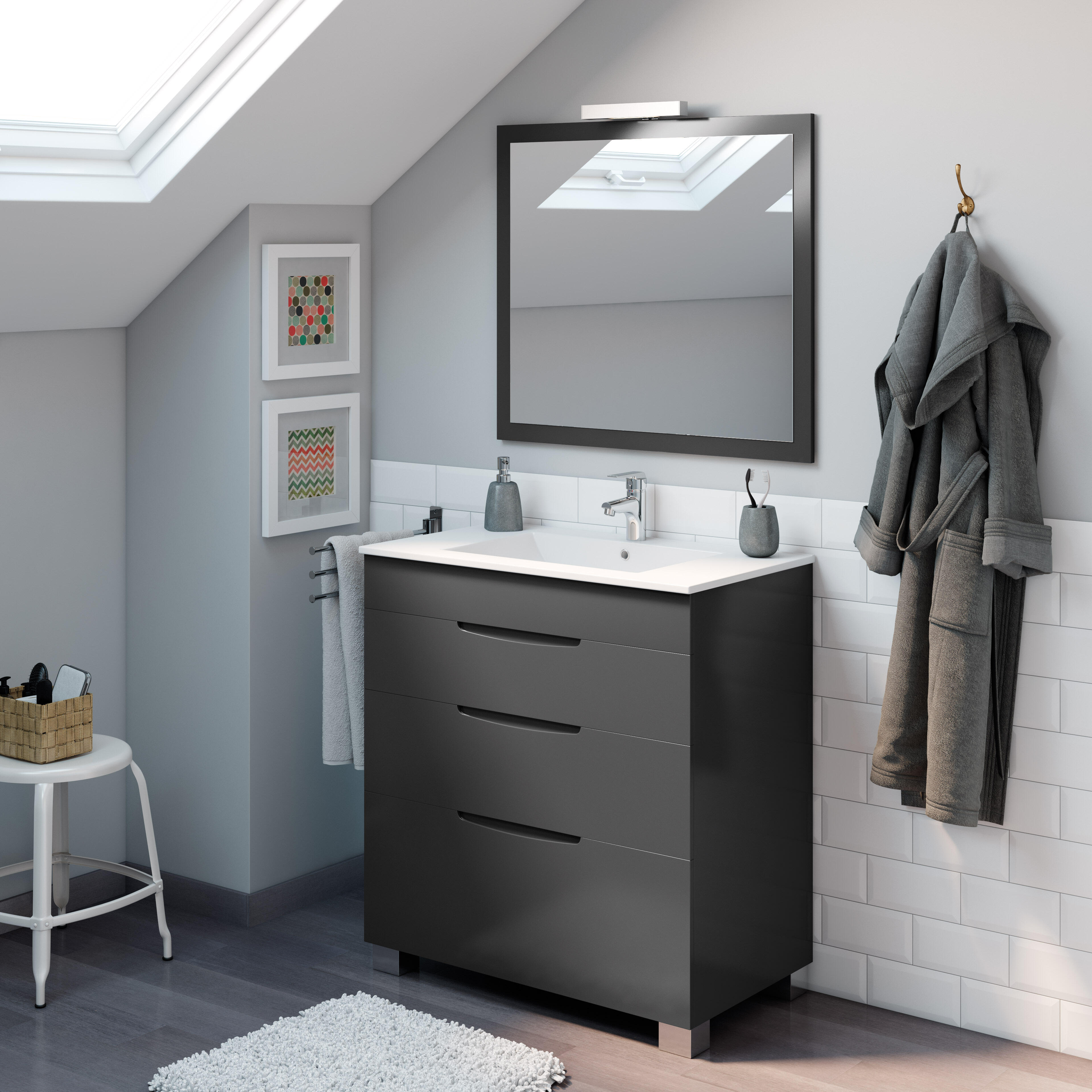 Mueble de baño con lavabo asimétrico grafito brillante 80x45 cm