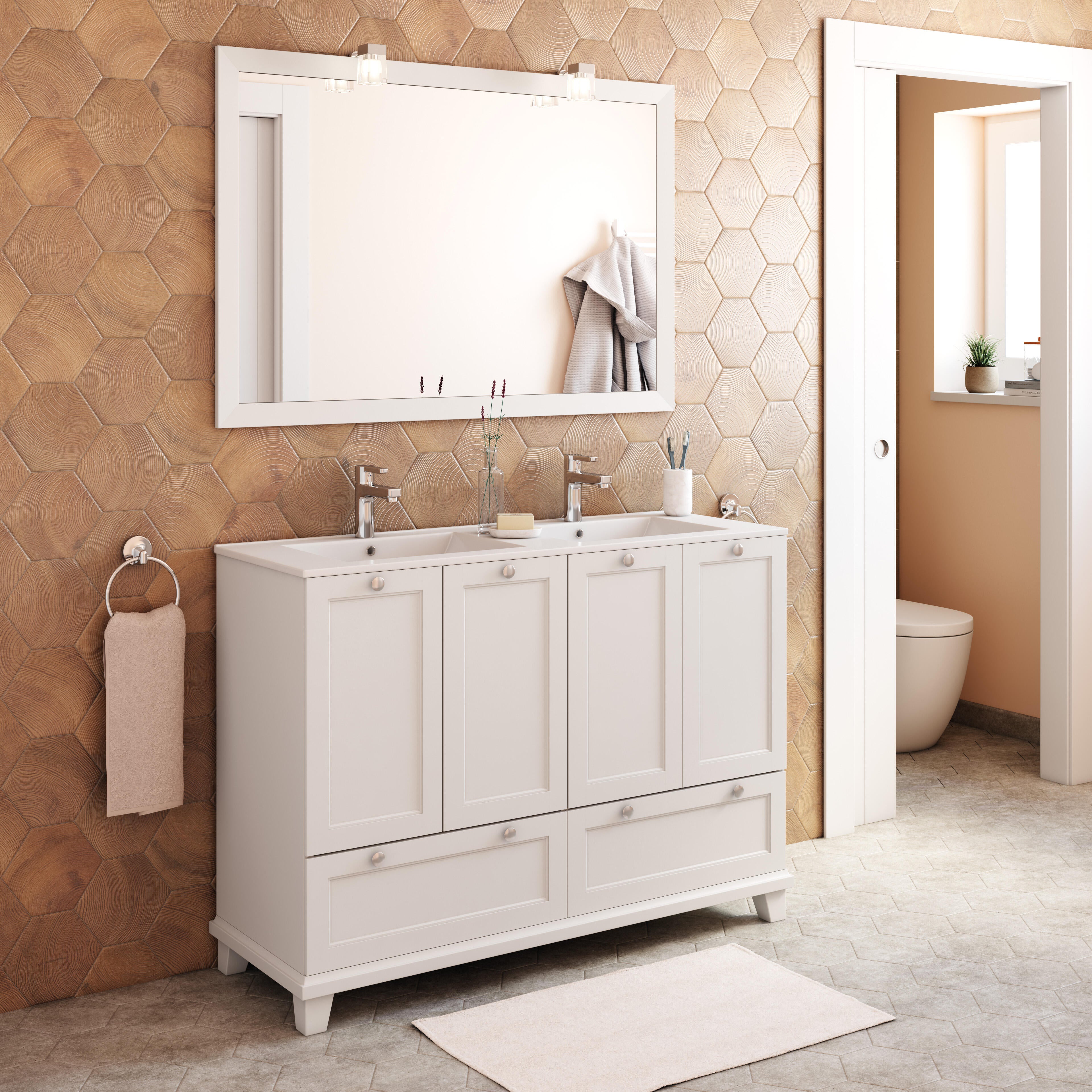 Mueble de baño con lavabo doble unike perla mate 120x45 cm