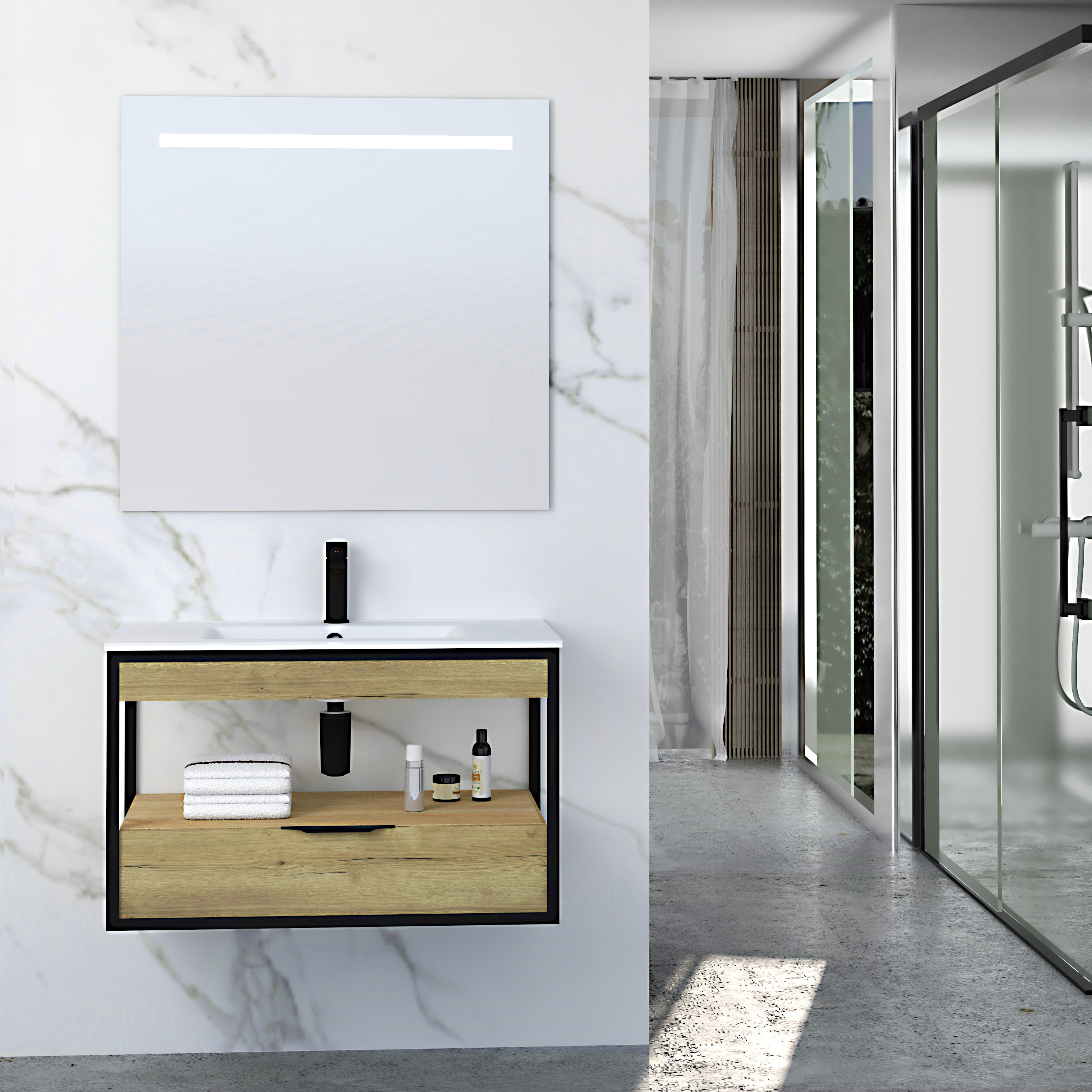 Mueble de baño con lavabo y espejo barock roble claro mate 80x46 cm