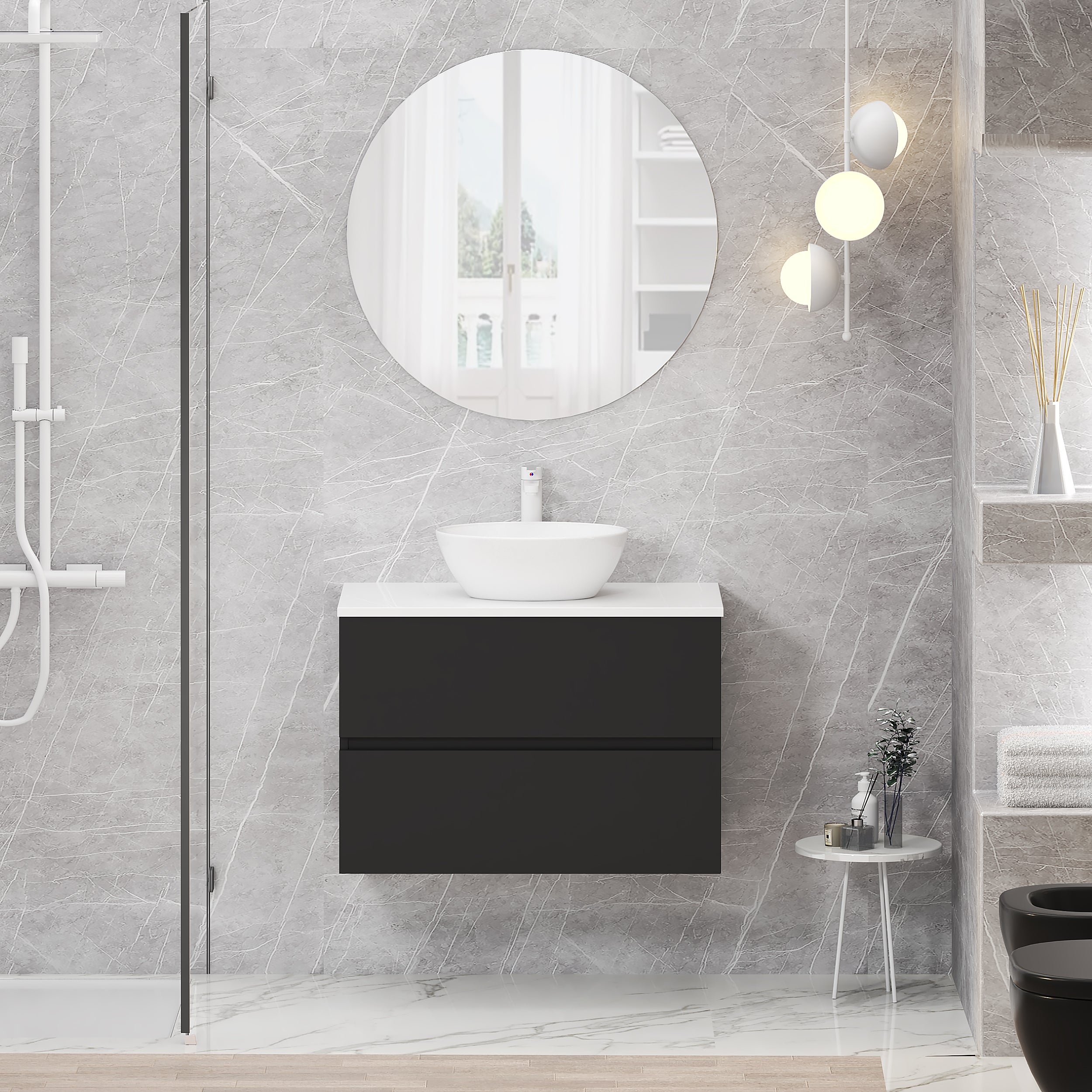 Mueble de baño con lavabo y espejo bari negro mate 80x46 cm
